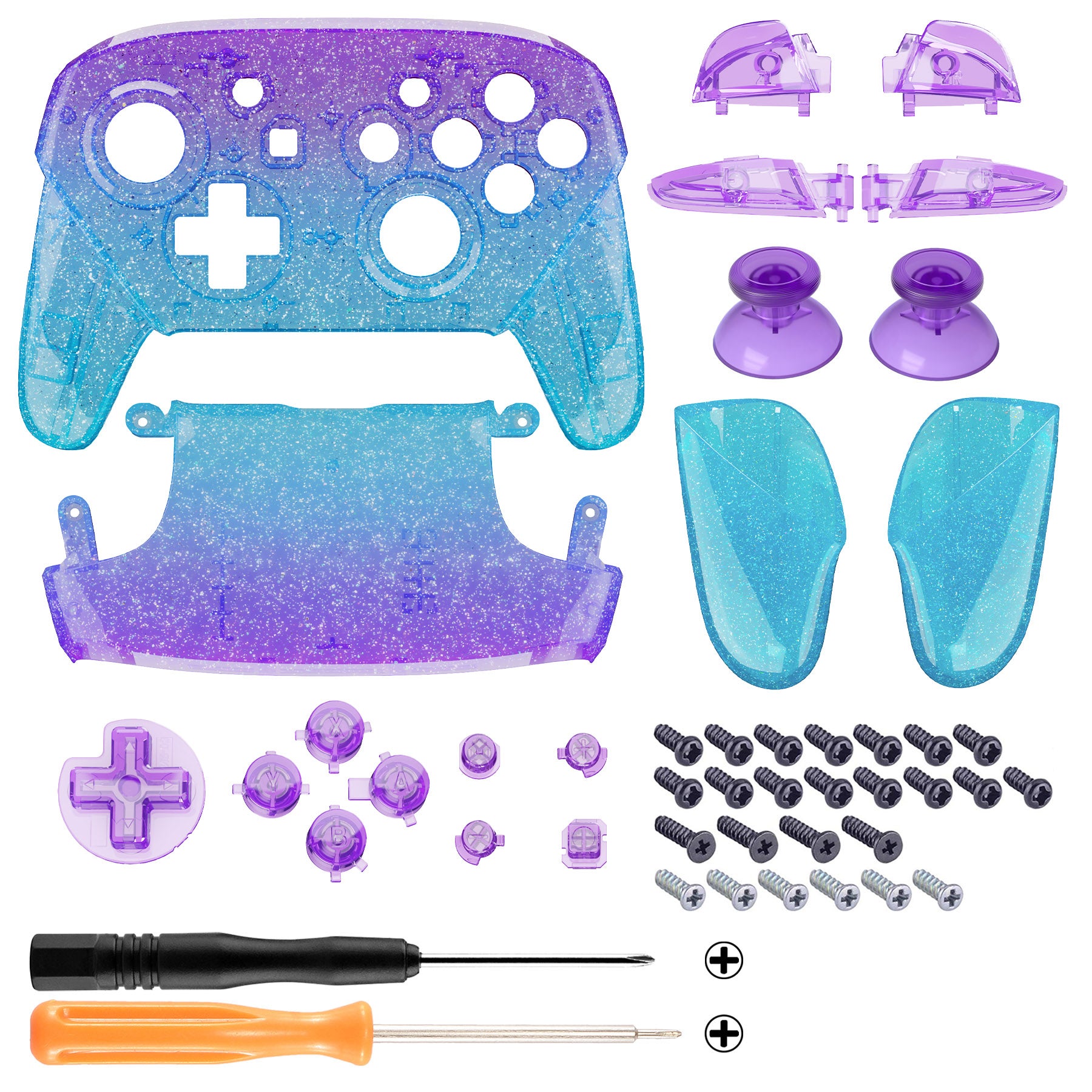 eXtremeRate Replacement Full Set Shell Faceplate Backplate Handles with Button Kit for Nintendo Switch Pro - Glitter Gradient Translucent Bluebell & Blue eXtremeRate