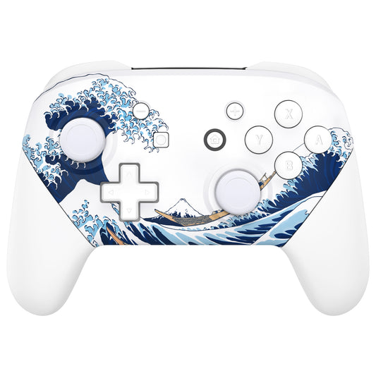 eXtremeRate Replacement Full Set Shell Faceplate Backplate Handles with Button Kit for Nintendo Switch Pro - The Great Wave Off Kanagawa