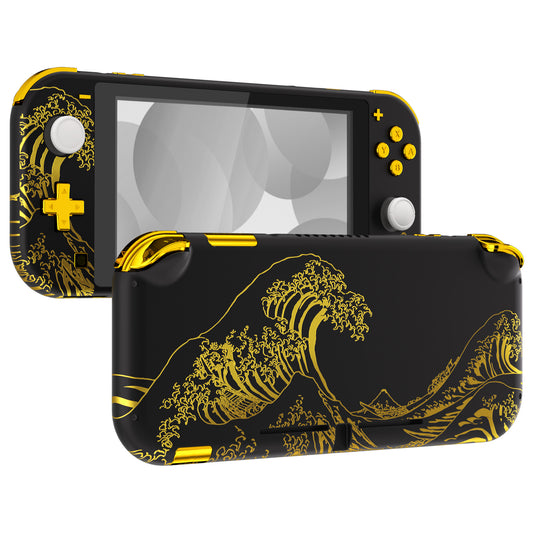 eXtremeRate Replacement Full Set Shells with ABXY Buttons & Screen Protector for Nintendo Switch Lite - The Great GOLDEN Wave Off Kanagawa - Black