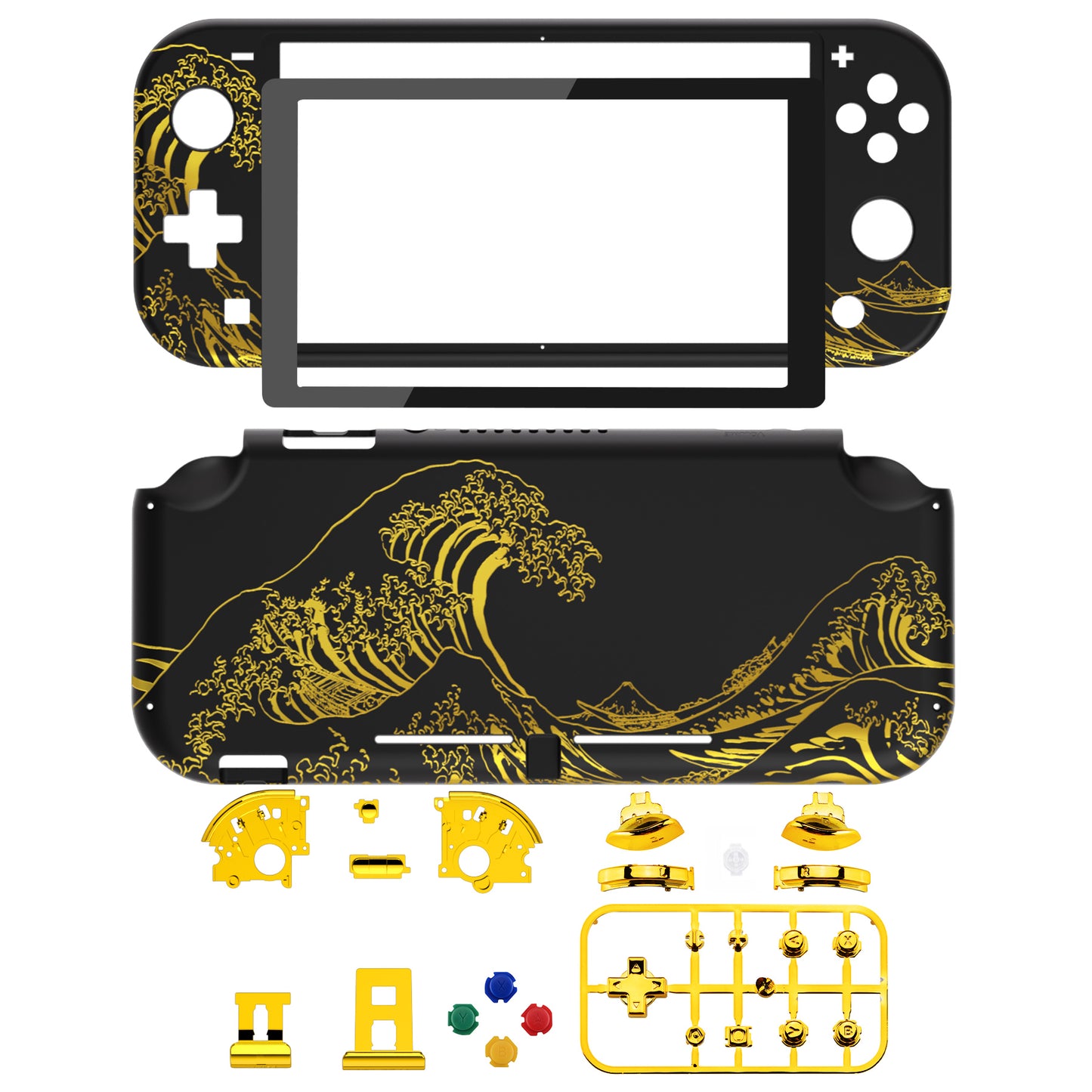 eXtremeRate Replacement Full Set Shells with ABXY Buttons & Screen Protector for Nintendo Switch Lite - The Great GOLDEN Wave Off Kanagawa - Black