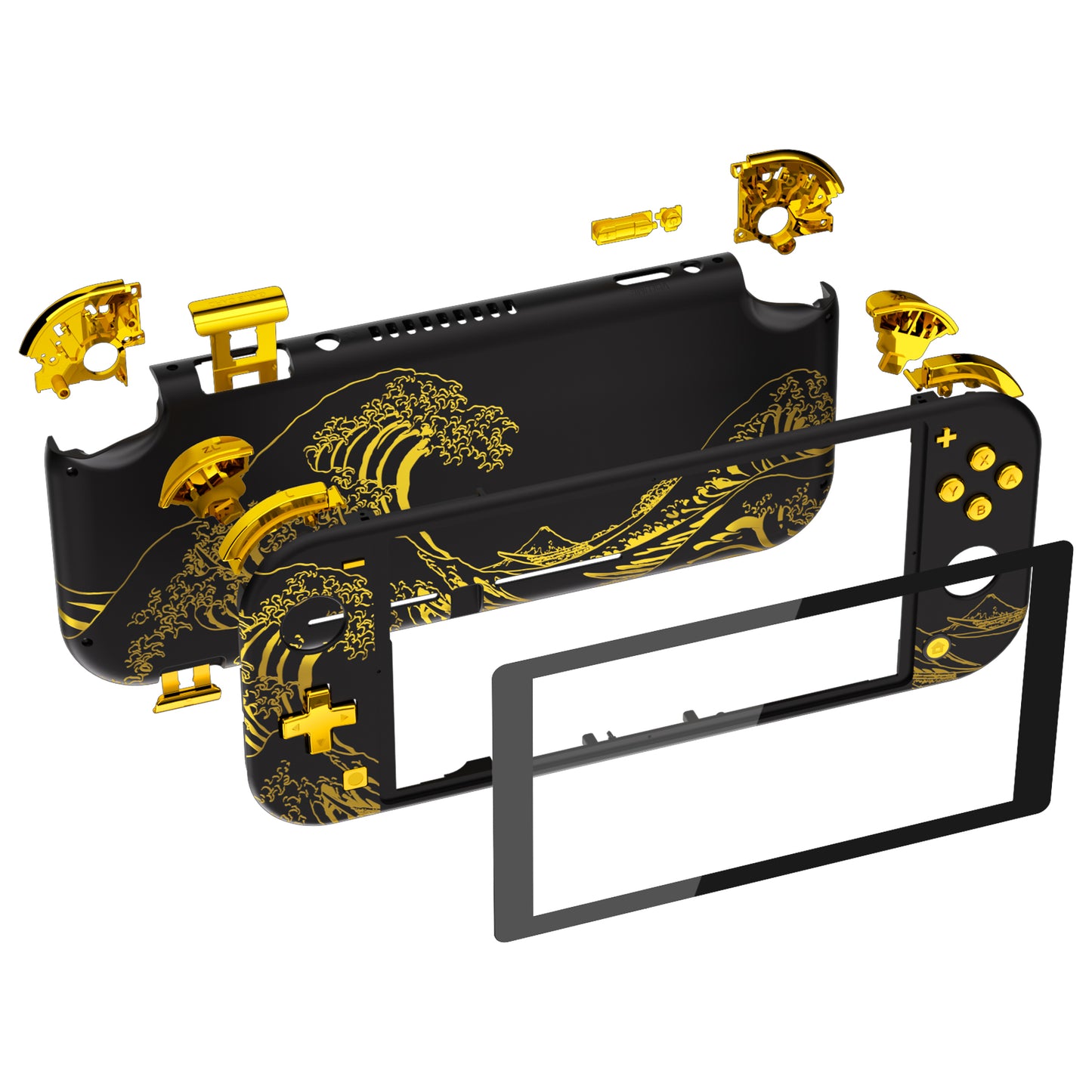 eXtremeRate Replacement Full Set Shells with ABXY Buttons & Screen Protector for Nintendo Switch Lite - The Great GOLDEN Wave Off Kanagawa - Black