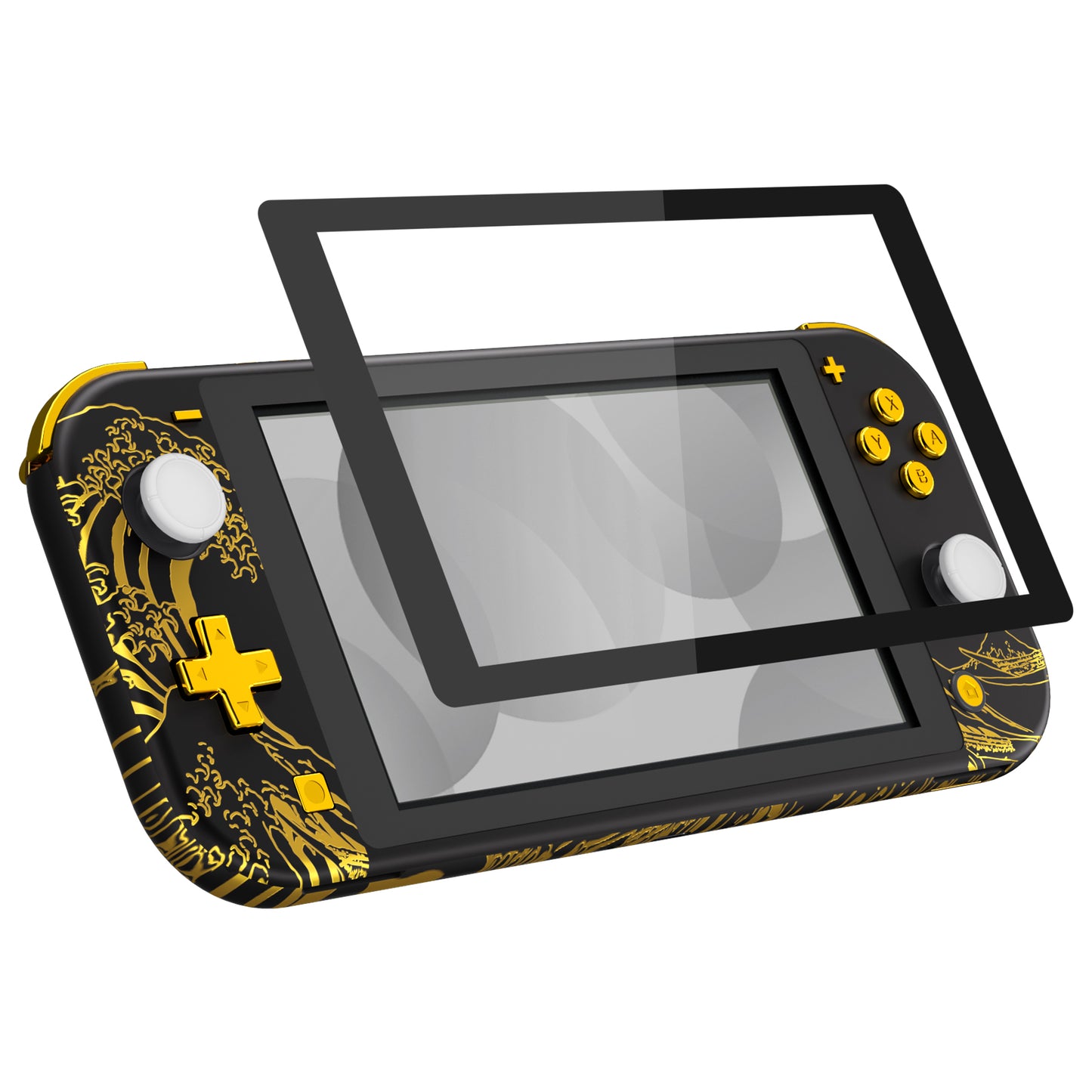 eXtremeRate Replacement Full Set Shells with ABXY Buttons & Screen Protector for Nintendo Switch Lite - The Great GOLDEN Wave Off Kanagawa - Black