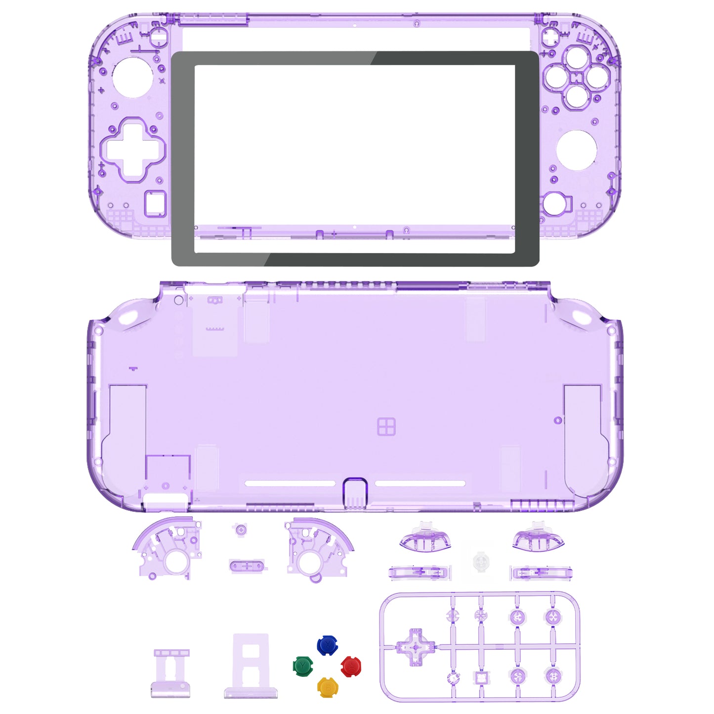 eXtremeRate Replacement Full Set Shells with Button Kit & Screen Protector for Nintendo Switch Lite - Crystal Clear Atomic Purple