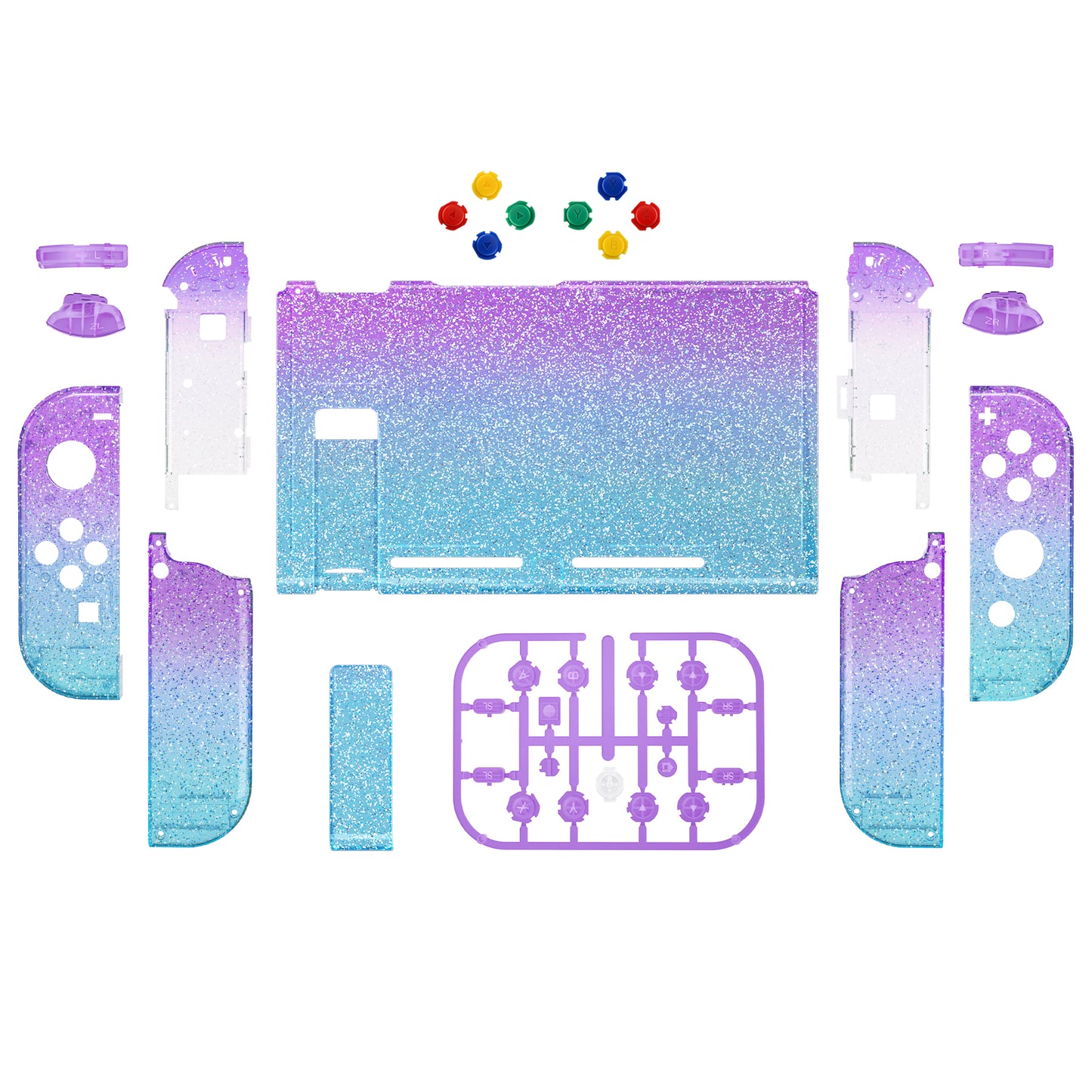 eXtremeRate Replacement Full Set Shells with Buttons for Nintendo Switch - Glitter Gradient Translucent Bluebell & Blue eXtremeRate