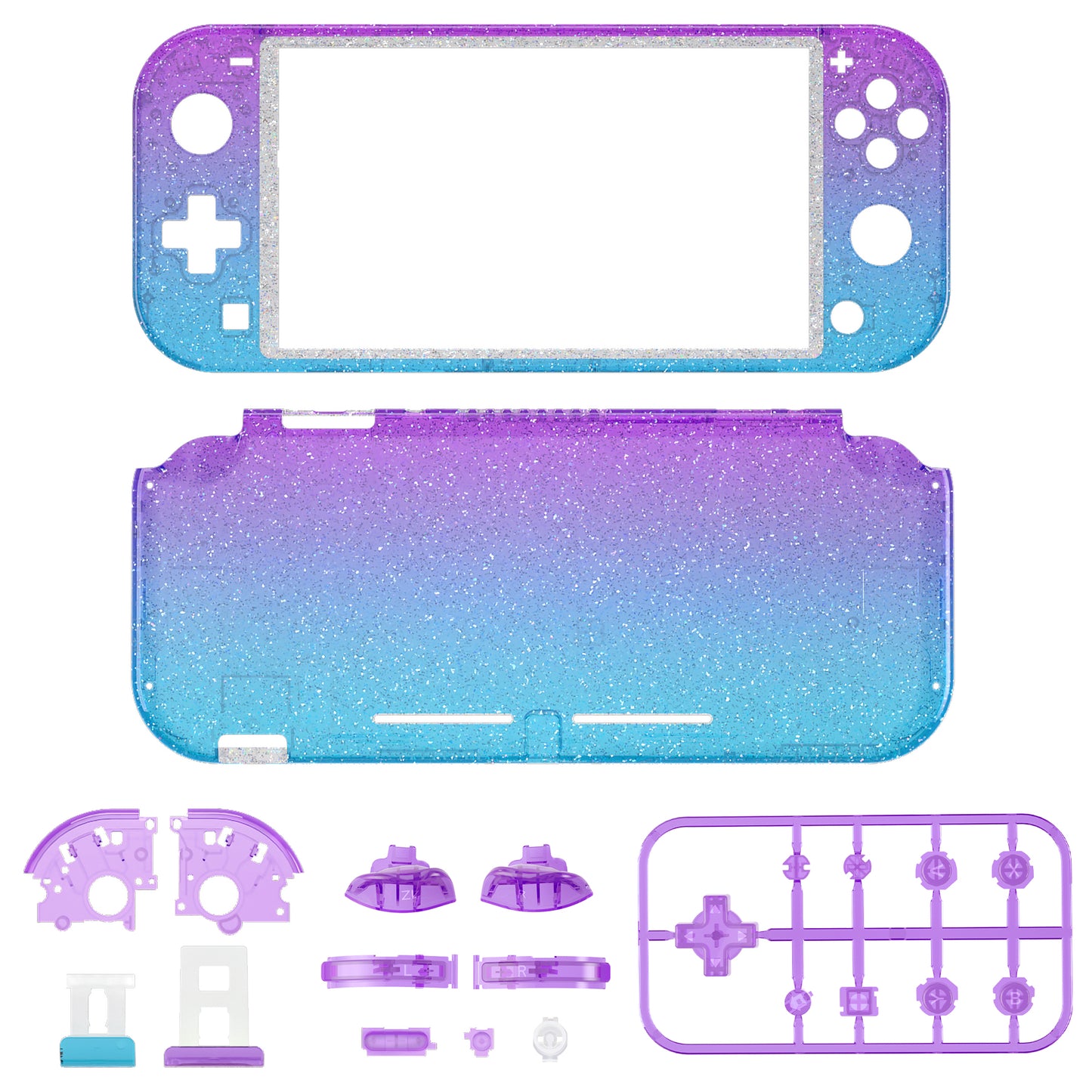 eXtremeRate Replacement Housing Shell for with Screen Protector for Nintendo Switch Lite - Glitter Gradient Translucent Bluebell & Blue eXtremeRate