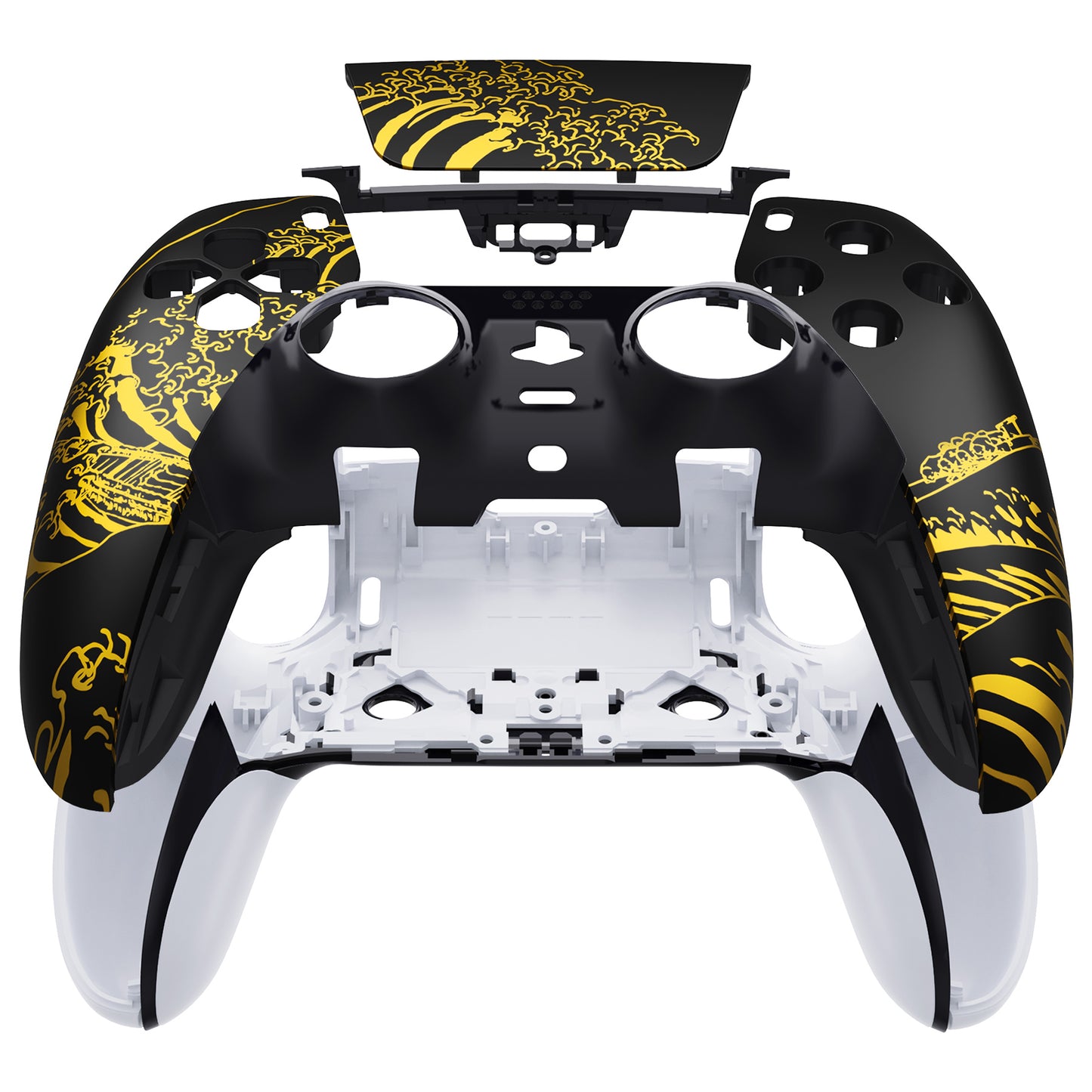 eXtremeRate Replacement Left Right Front Housing Shell with Touchpad Compatible with PS5 Edge Controller - The Great GOLDEN Wave Off Kanagawa - Black