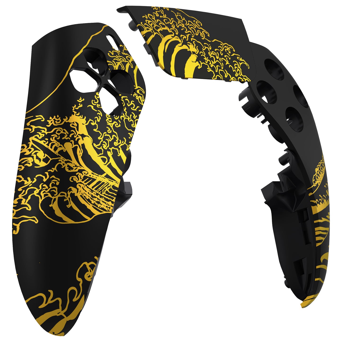 eXtremeRate Replacement Left Right Front Housing Shell with Touchpad Compatible with PS5 Edge Controller - The Great GOLDEN Wave Off Kanagawa - Black