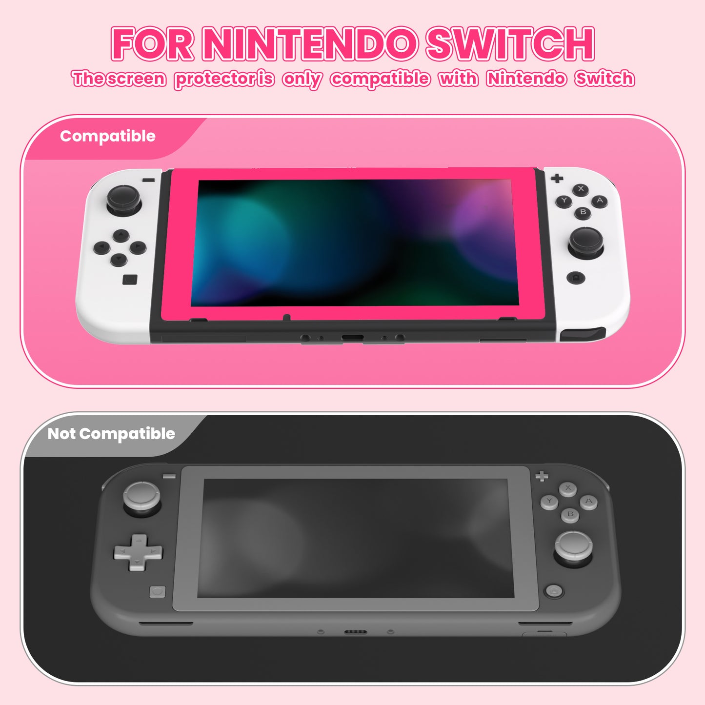 eXtremeRate 2 Pack Transparent HD Clear Tempered Glass Screen Protector for Nintendo Switch - Bright Pink