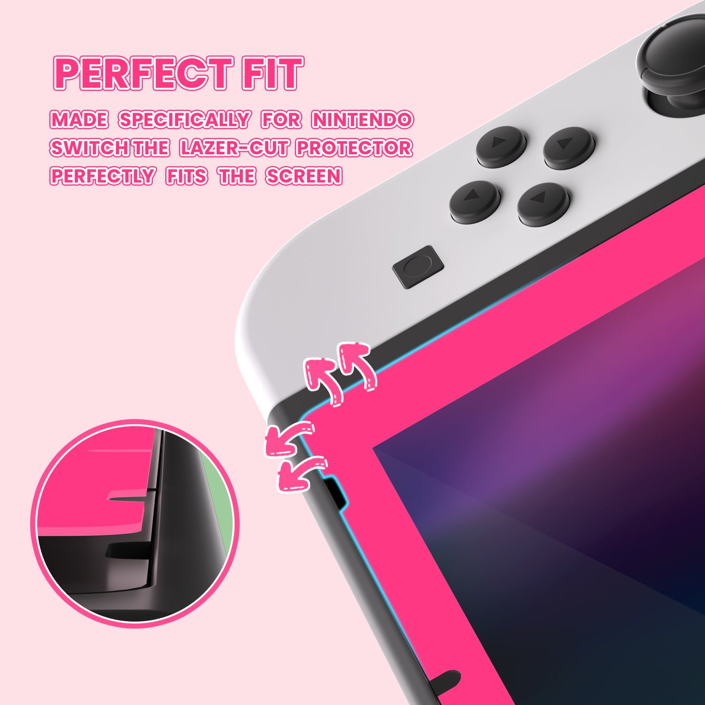 eXtremeRate 2 Pack Transparent HD Clear Tempered Glass Screen Protector for Nintendo Switch - Bright Pink