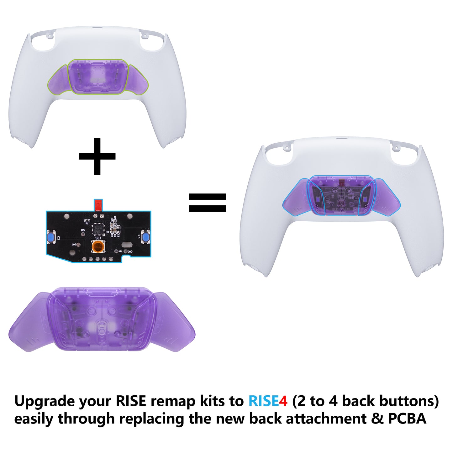 eXtremeRate Turn RISE to RISE4 Kit – Redesigned K1 K2 K3 K4 Back Buttons Housing & Remap PCB Board for eXtremeRate RISE & RISE4 Remap kit, Compatible with PS5 Controller - Clear Atomic Purple