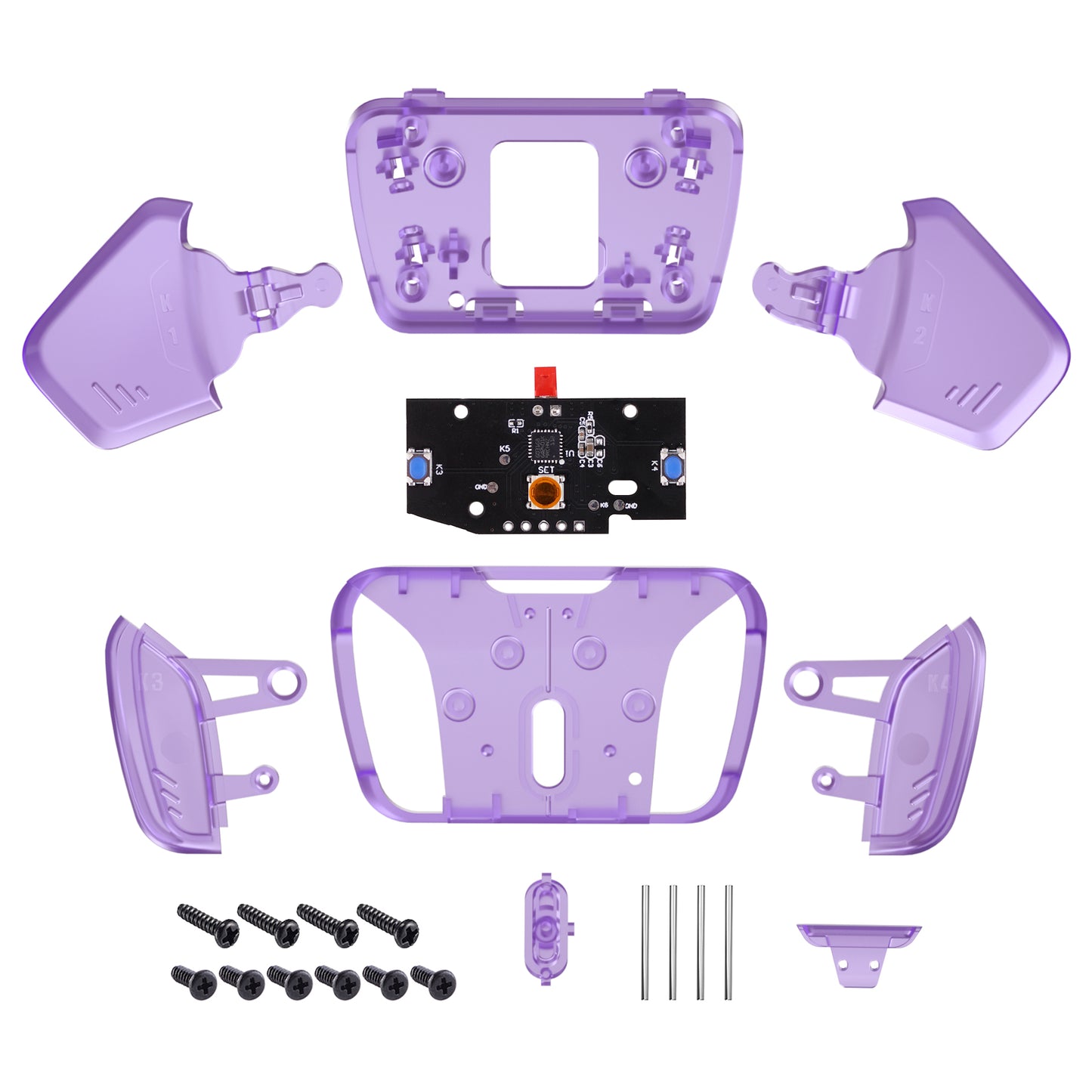 eXtremeRate Turn RISE to RISE4 Kit – Redesigned K1 K2 K3 K4 Back Buttons Housing & Remap PCB Board for eXtremeRate RISE & RISE4 Remap kit, Compatible with PS5 Controller - Clear Atomic Purple