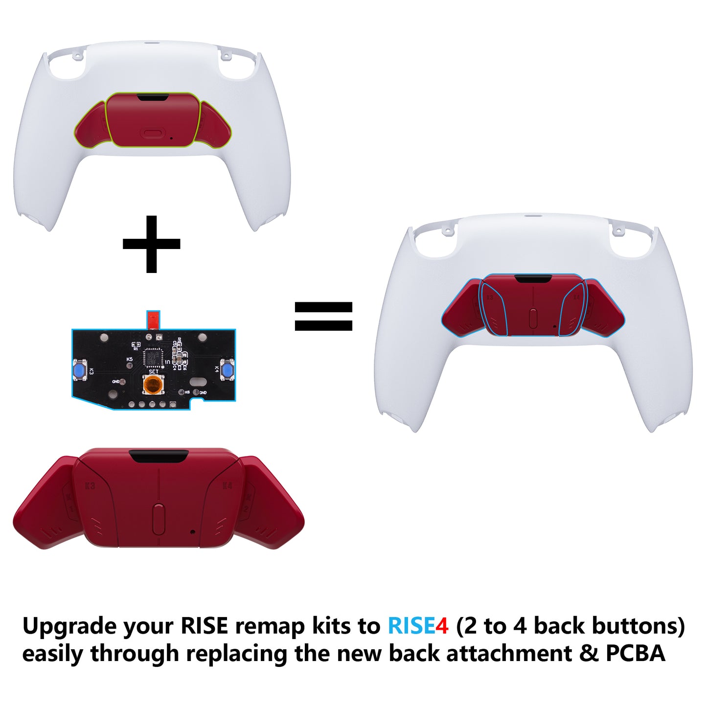 eXtremeRate Turn RISE to RISE4 Kit – Redesigned K1 K2 K3 K4 Back Buttons Housing & Remap PCB Board for eXtremeRate RISE & RISE4 Remap kit, Compatible with PS5 Controller - Volcanic Red