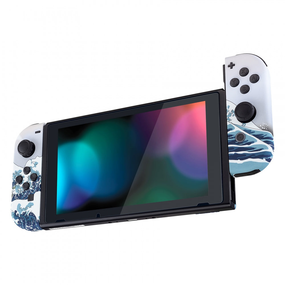 eXtremeRate Retail The Great Wave Patterned Joycon Handheld Controller Housing with Full Set Buttons, Soft Touch Grip DIY Replacement Shell Case for NS Switch JoyCon & OLED JoyCon - Console Shell NOT Included - CT106