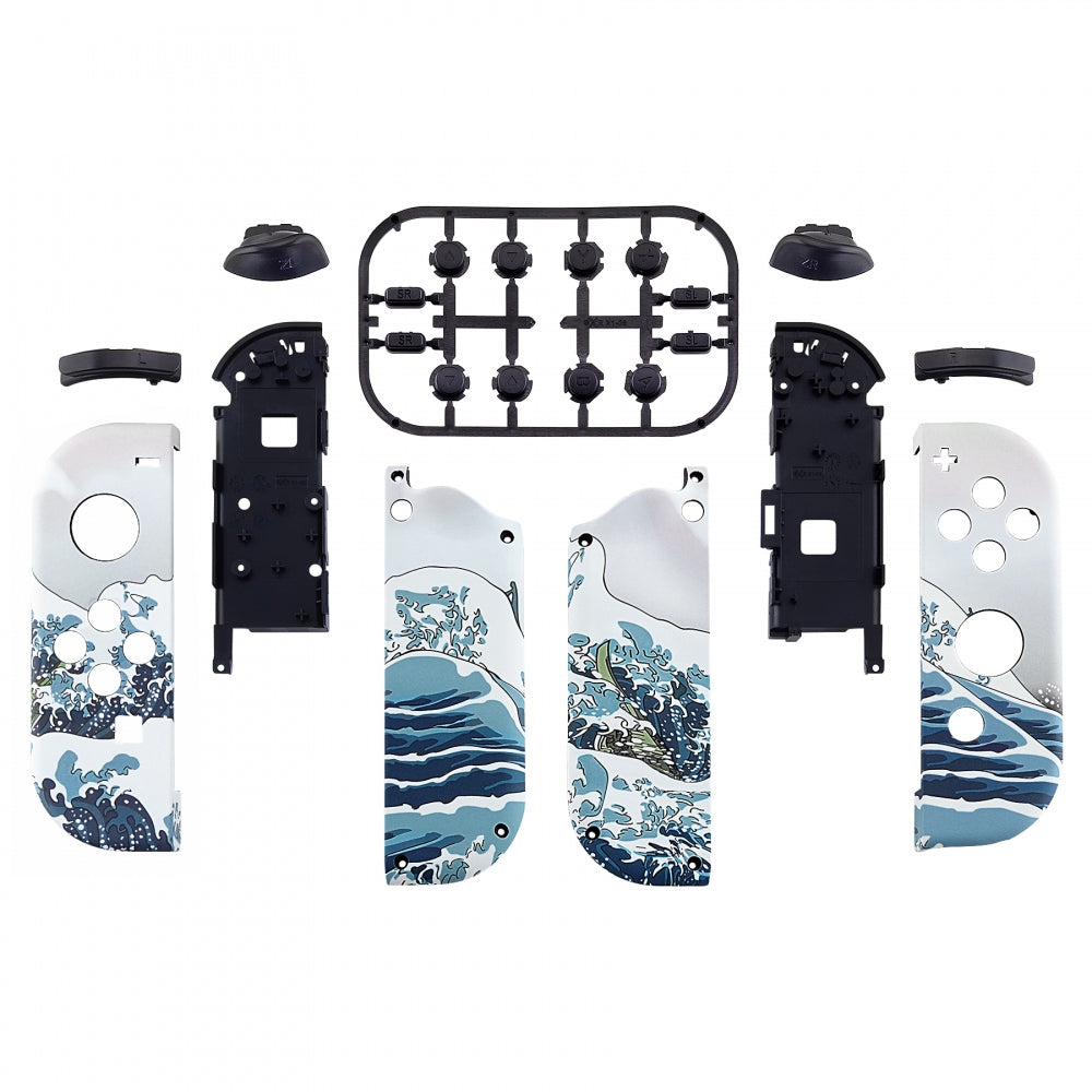 eXtremeRate Retail The Great Wave Patterned Joycon Handheld Controller Housing with Full Set Buttons, Soft Touch Grip DIY Replacement Shell Case for NS Switch JoyCon & OLED JoyCon - Console Shell NOT Included - CT106