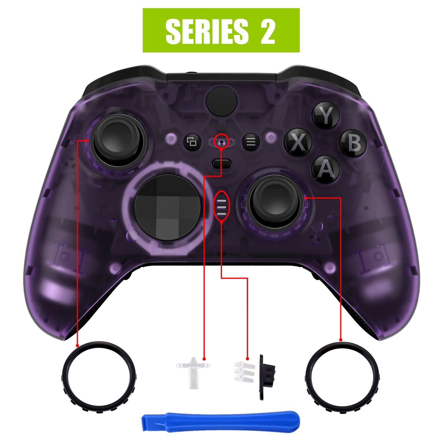 eXtremeRate Retail Clear Atomic Purple Faceplate Cover, Front Housing Shell Case Replacement Kit for Xbox One Elite Series 2 Controller Model 1797 and Core Model 1797 - Thumbstick Accent Rings Included - ELM504