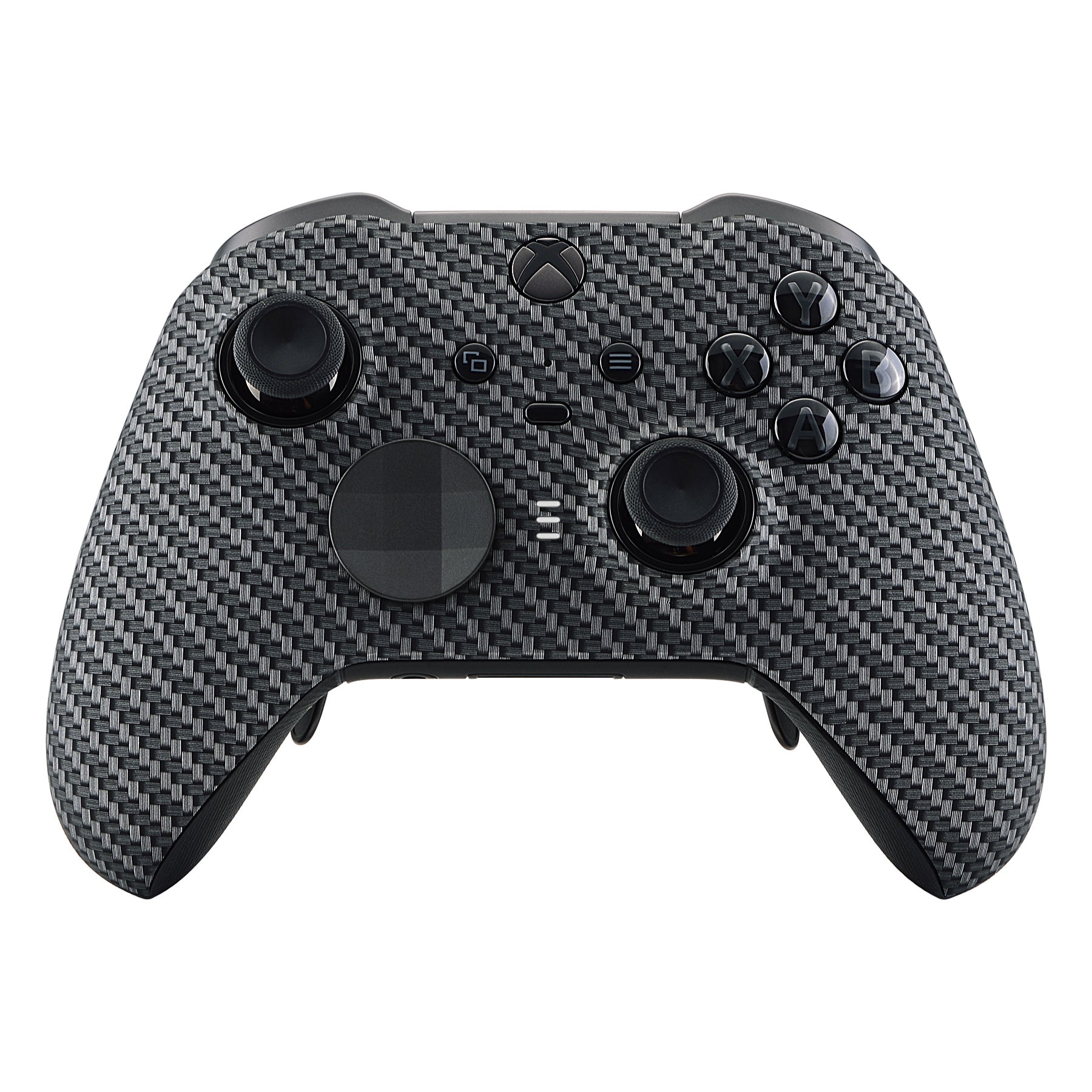 eXtremeRate Retail Black Silver Carbon Fiber Patterned Faceplate Cover, Soft Touch Front Housing Shell Case Replacement Kit for Xbox One Elite Series 2 Controller (Model 1797 and Core Model 1797) - Thumbstick Accent Rings Included - ELS209