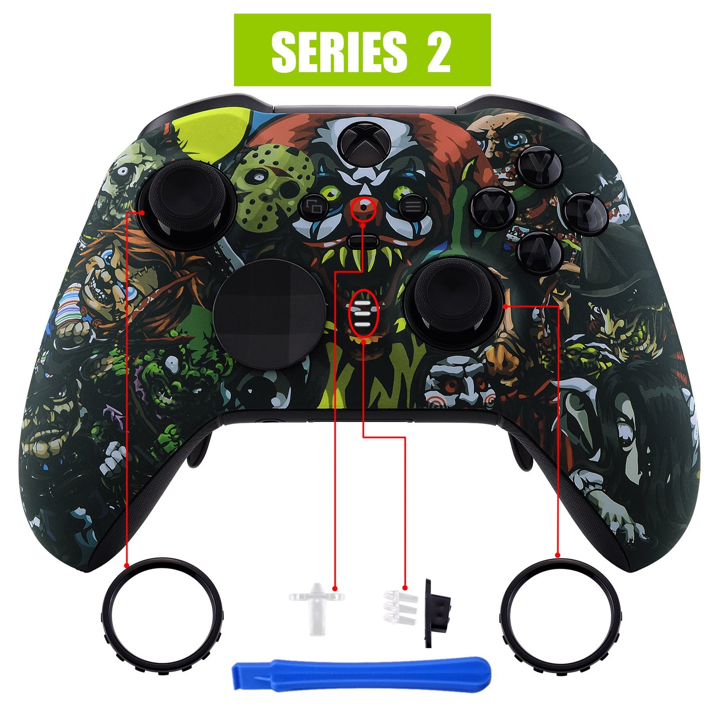 eXtremeRate Retail Scary Party Patterned Faceplate Cover, Soft Touch Front Housing Shell Case Replacement Kit for Xbox One Elite Series 2 Controller (Model 1797 and Core Model 1797) - Thumbstick Accent Rings Included - ELT104