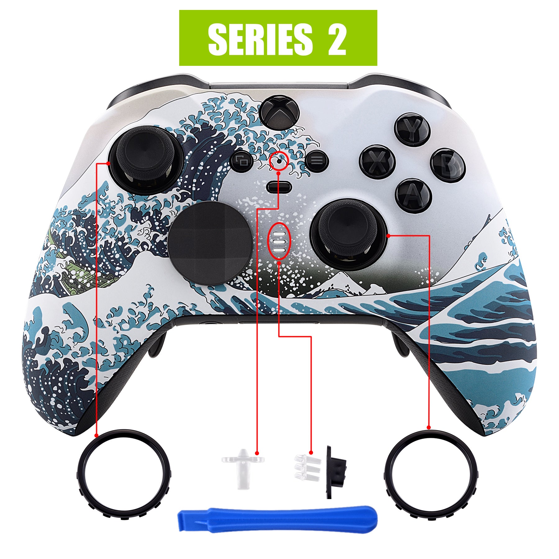 eXtremeRate Replacement Front Housing Shell Case with Accent Rings for Xbox  One Elite Series 2 & Elite 2 Core Controller (Model 1797) - The Great Wave