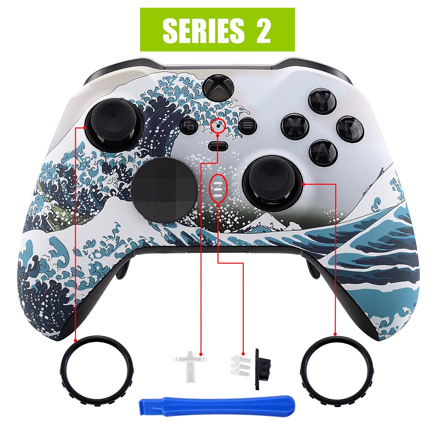 eXtremeRate Retail The Great Wave Patterned Faceplate Cover, Soft Touch Front Housing Shell Case Replacement Kit for Xbox One Elite Series 2 Controller (Model 1797 and Core Model 1797) - Thumbstick Accent Rings Included - ELT106