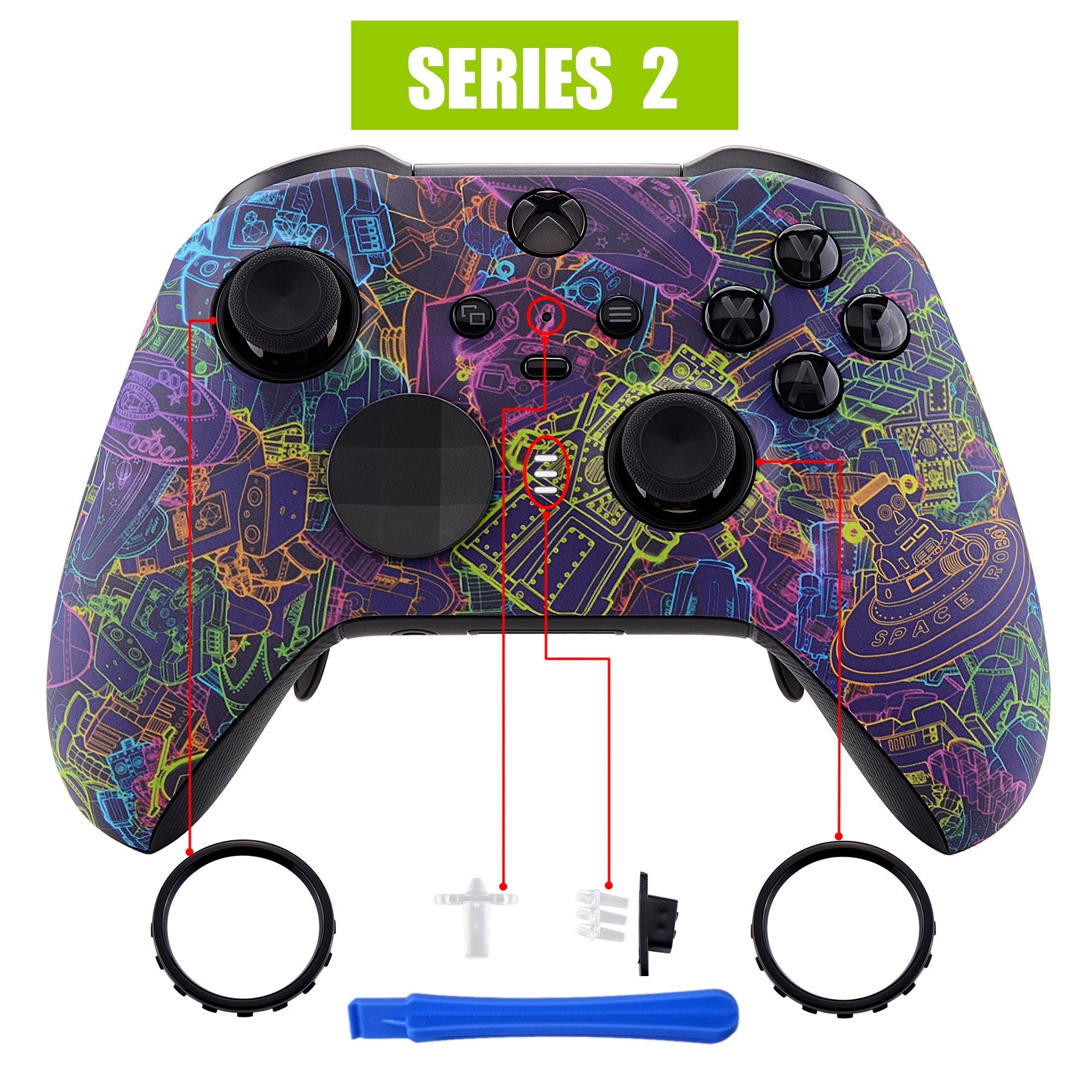 eXtremeRate Retail Neon Novel Patterned Faceplate Cover, Soft Touch Front Housing Shell Case Replacement Kit for Xbox One Elite Series 2 Controller (Model 1797 and Core Model 1797) - Thumbstick Accent Rings Included - ELT127