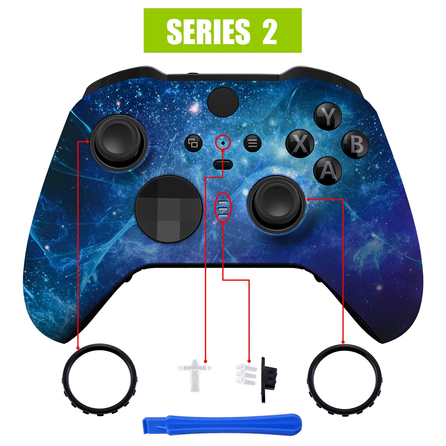 eXtremeRate Retail Blue Nebula Style Faceplate Cover, Soft Touch Front Housing Shell Case Replacement Kit for Xbox One Elite Series 2 Controller Model 1797 - Thumbstick Accent Rings Included - ELT143
