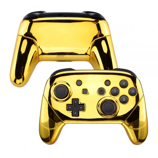 eXtremeRate Retail Chrome Gold Faceplate Backplate Handles for Nintendo Switch Pro Controller, Glossy DIY Replacement Grip Housing Shell Cover for Nintendo Switch Pro - Controller NOT Included - FRD401