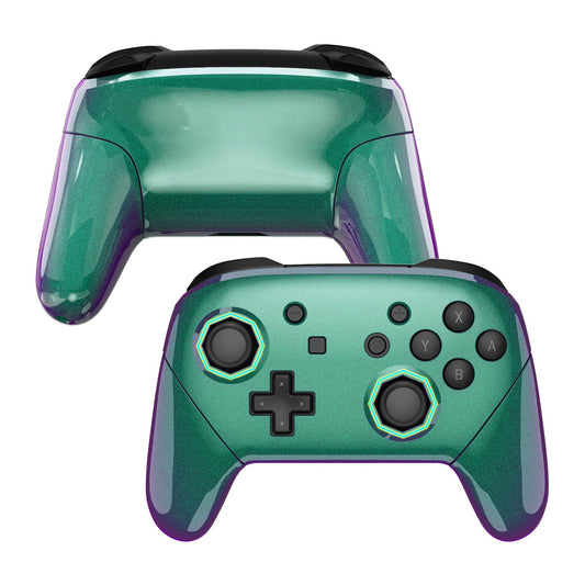 eXtremeRate Retail Chameleon Green Purple Faceplate Backplate Handles Cover, Octagonal Gated Sticks Design DIY Replacement Grip Housing Shell for NS Switch Pro Controller - Controller NOT Included - FRE608