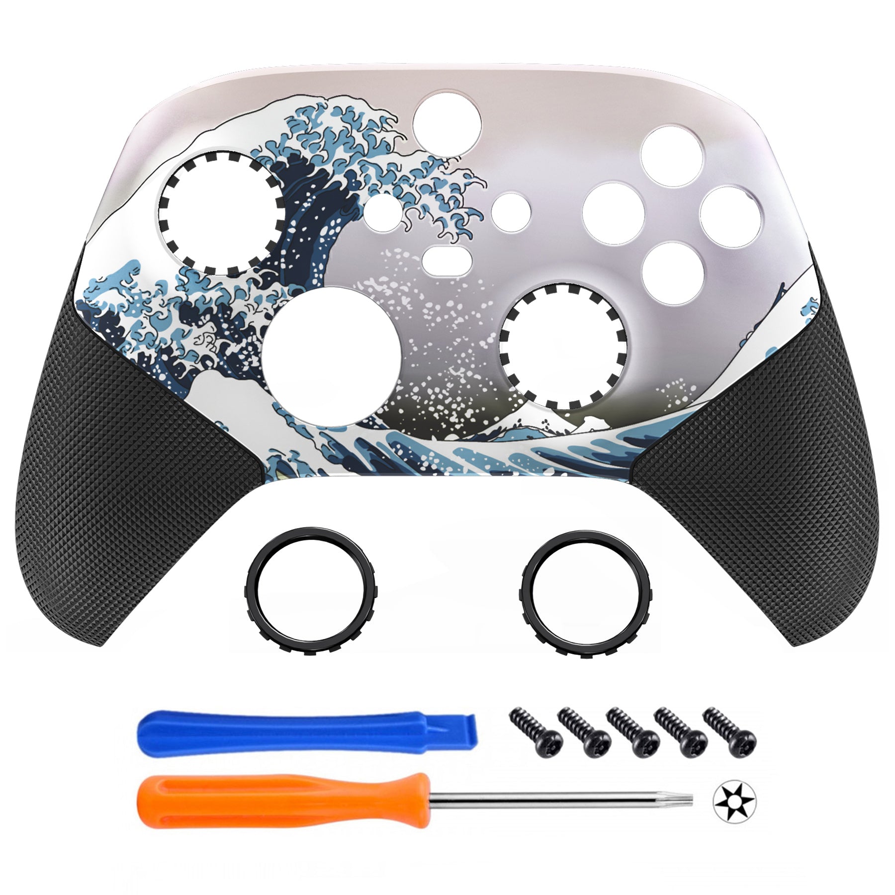 eXtremeRate Retail The Great Wave ASR Version Performance Rubberized Grip Front Housing Shell  with Accent Rings for Xbox Series X/S Controller - FX3C1002