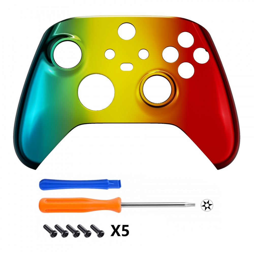 eXtremeRate Retail Tri-Color Gradient Glossy Replacement Part Faceplate, Chrome Cyan Gold Red Housing Shell Case for Xbox Series S & Xbox Series X Controller Accessories - Controller NOT Included - FX3D409