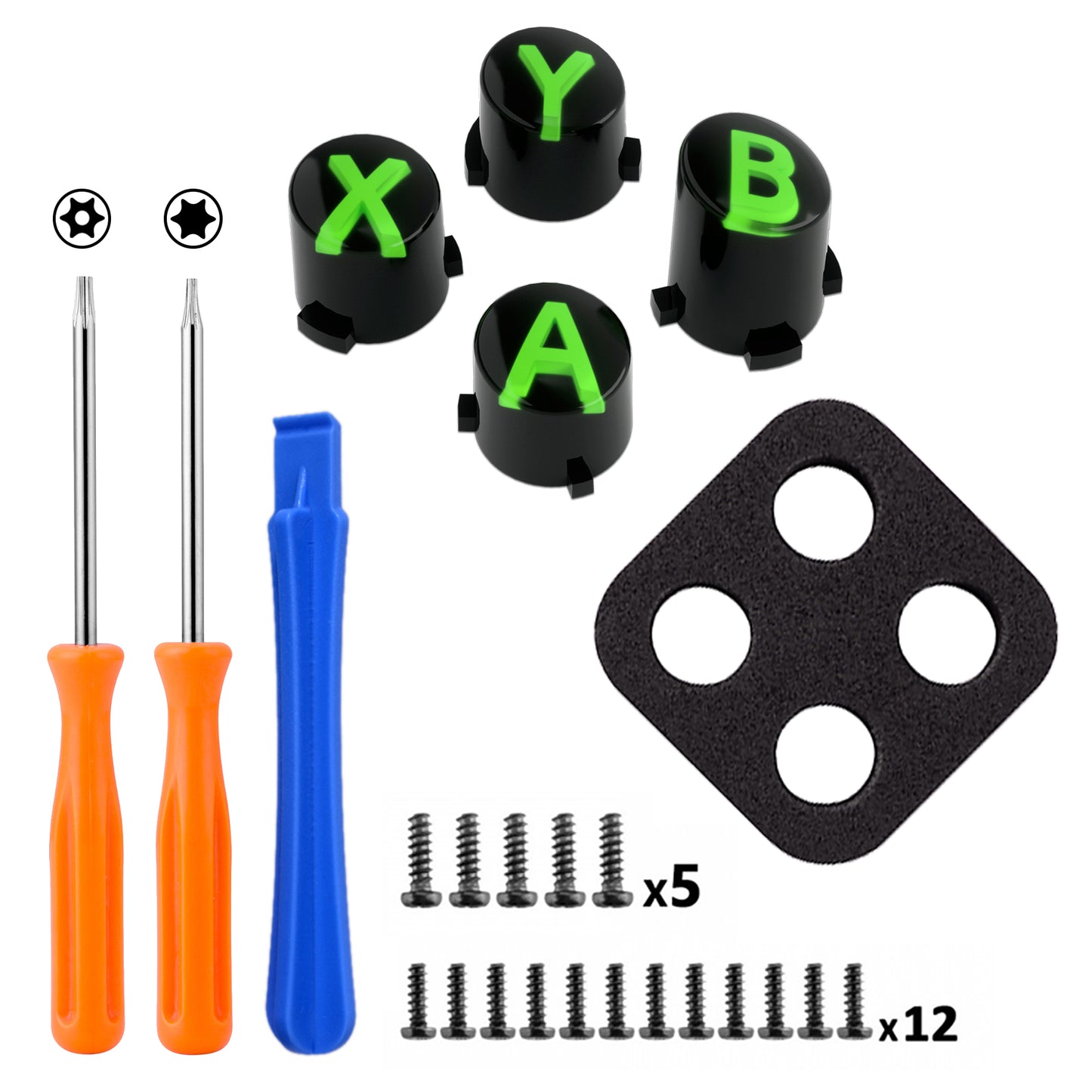 eXtremeRate Retail Three-Tone Black & Clear & Green ABXY Action Buttons with Classic Symbols for Xbox Series X & S Controller & Xbox One S/X & Xbox One Elite V1/V2 Controller - JDX3M005