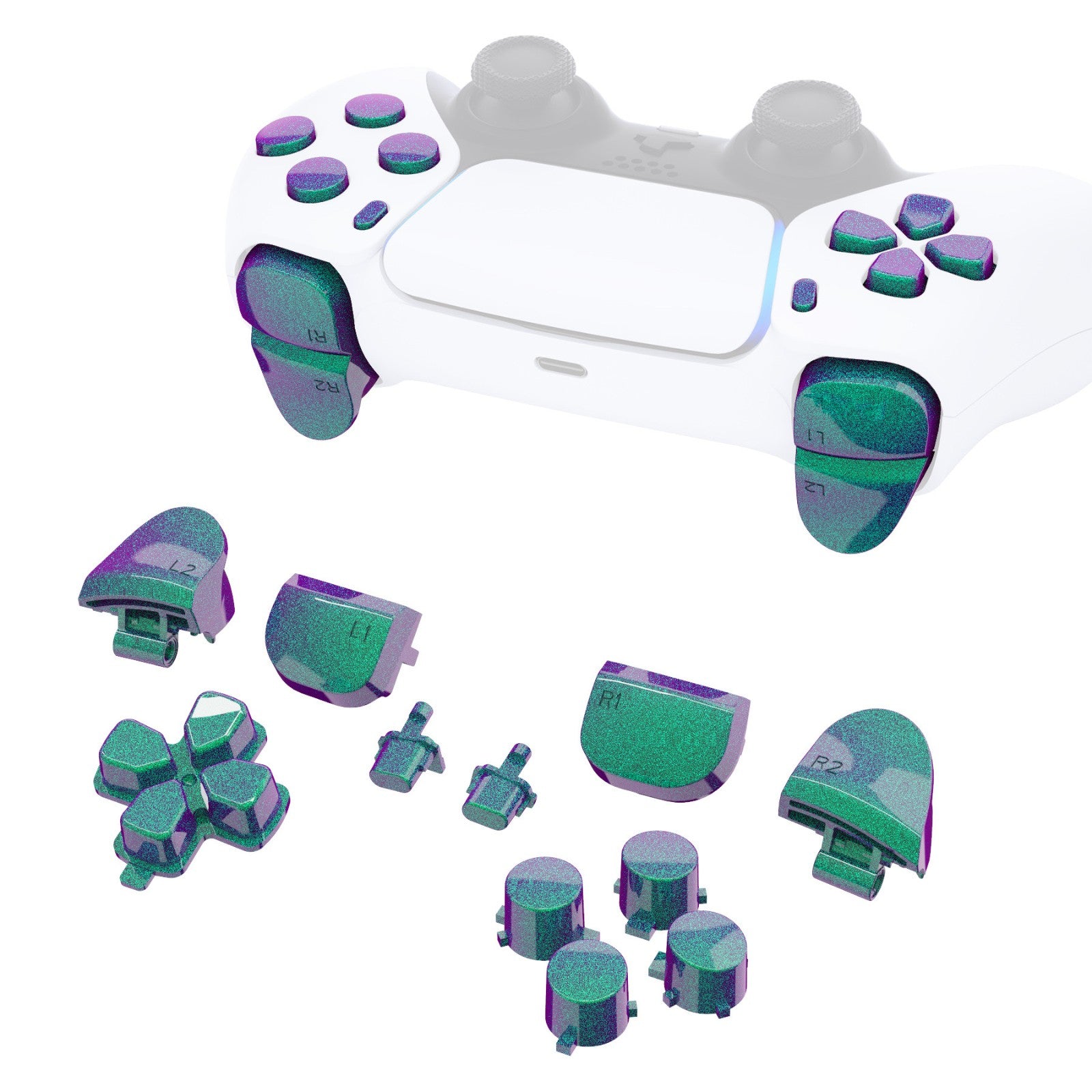 eXtremeRate Retail Replacement D-pad R1 L1 R2 L2 Triggers Share Options Face Buttons, Chameleon Green Purple Full Set Buttons Compatible with ps5 Controller BDM-010 & BDM-020 - JPF1002G2