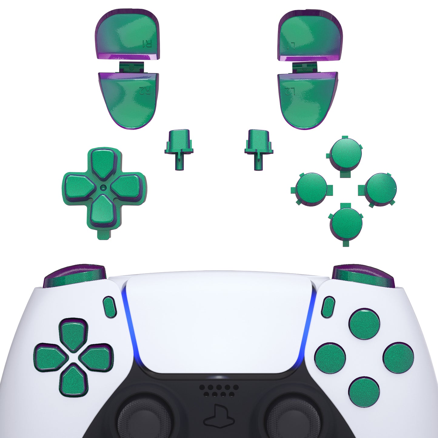 eXtremeRate Retail Replacement D-pad R1 L1 R2 L2 Triggers Share Options Face Buttons, Chameleon Green Purple Full Set Buttons Compatible with ps5 Controller BDM-030 - JPF1002G3