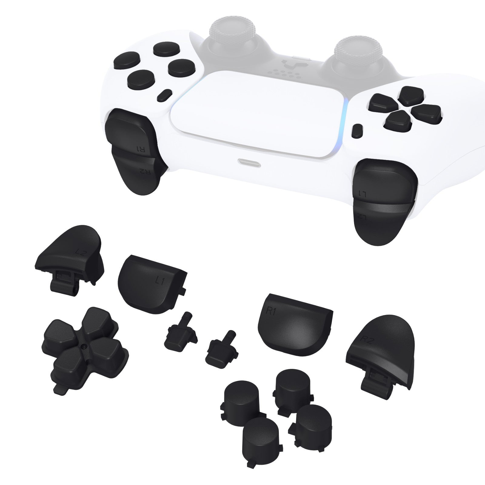 eXtremeRate Retail Replacement D-pad R1 L1 R2 L2 Triggers Share Options Face Buttons, Black Full Set Buttons Compatible with ps5 Controller BDM-010 & BDM-020 - JPF1009G2
