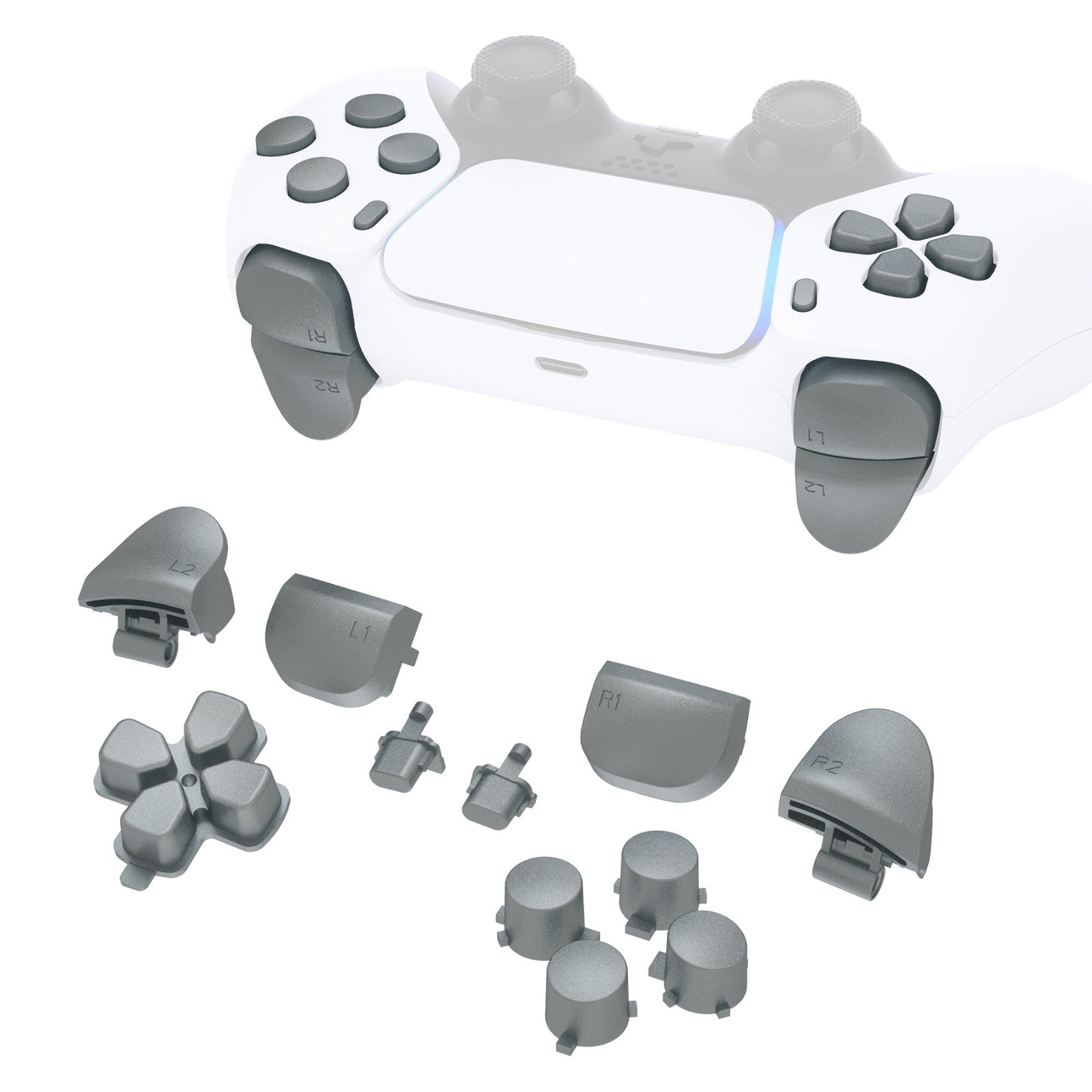 eXtremeRate Retail Replacement D-pad R1 L1 R2 L2 Triggers Share Options Face Buttons, Metallic Steel Gray Full Set Buttons Compatible with ps5 Controller BDM-010 & BDM-020 - JPF1039G2