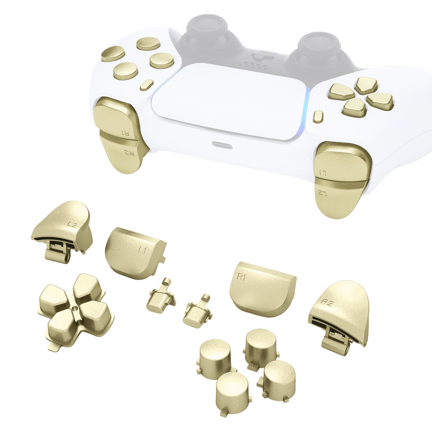 eXtremeRate Retail Replacement D-pad R1 L1 R2 L2 Triggers Share Options Face Buttons, Metallic Champagne Gold Full Set Buttons Compatible With ps5 Controller BDM-010 & BDM-020 - JPF1041G2