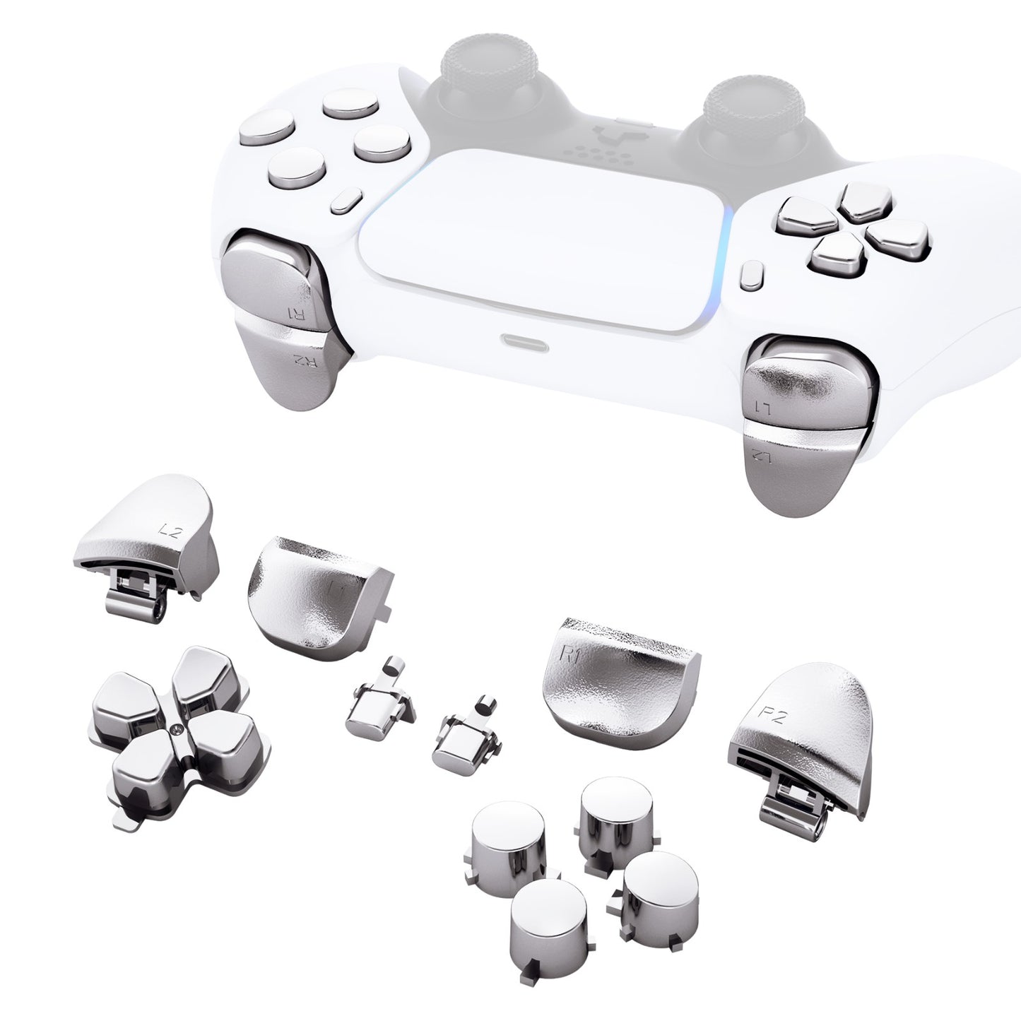 eXtremeRate Retail Replacement D-pad R1 L1 R2 L2 Triggers Share Options Face Buttons, Chrome Silver Full Set Buttons Compatible With ps5 Controller BDM-010 & BDM-020 - JPF2002G2