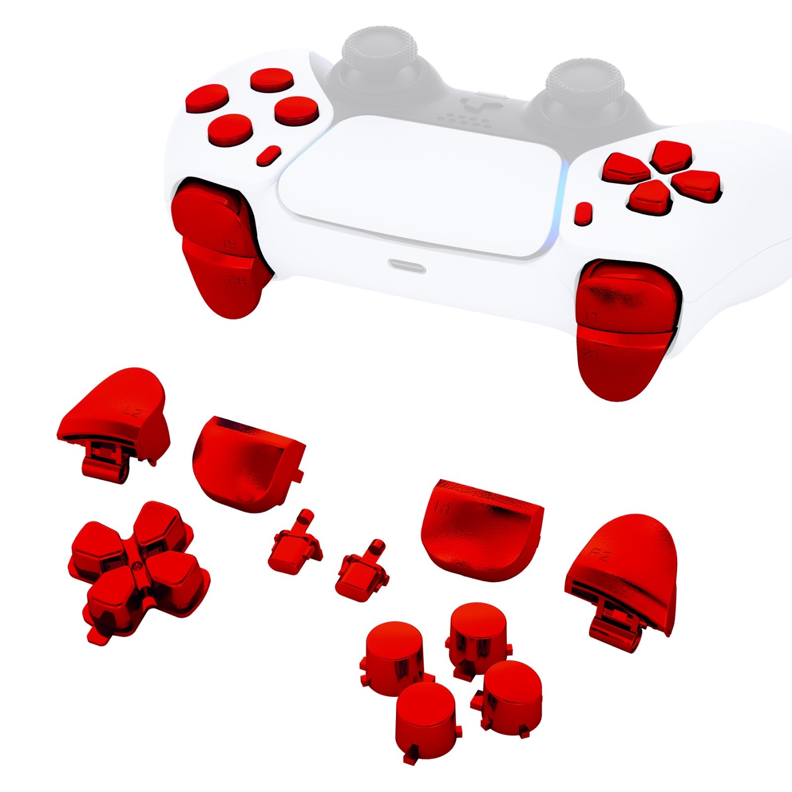 eXtremeRate Retail Replacement D-pad R1 L1 R2 L2 Triggers Share Options Face Buttons, Chrome Red Full Set Buttons Compatible With ps5 Controller BDM-010 & BDM-020 - JPF2003G2