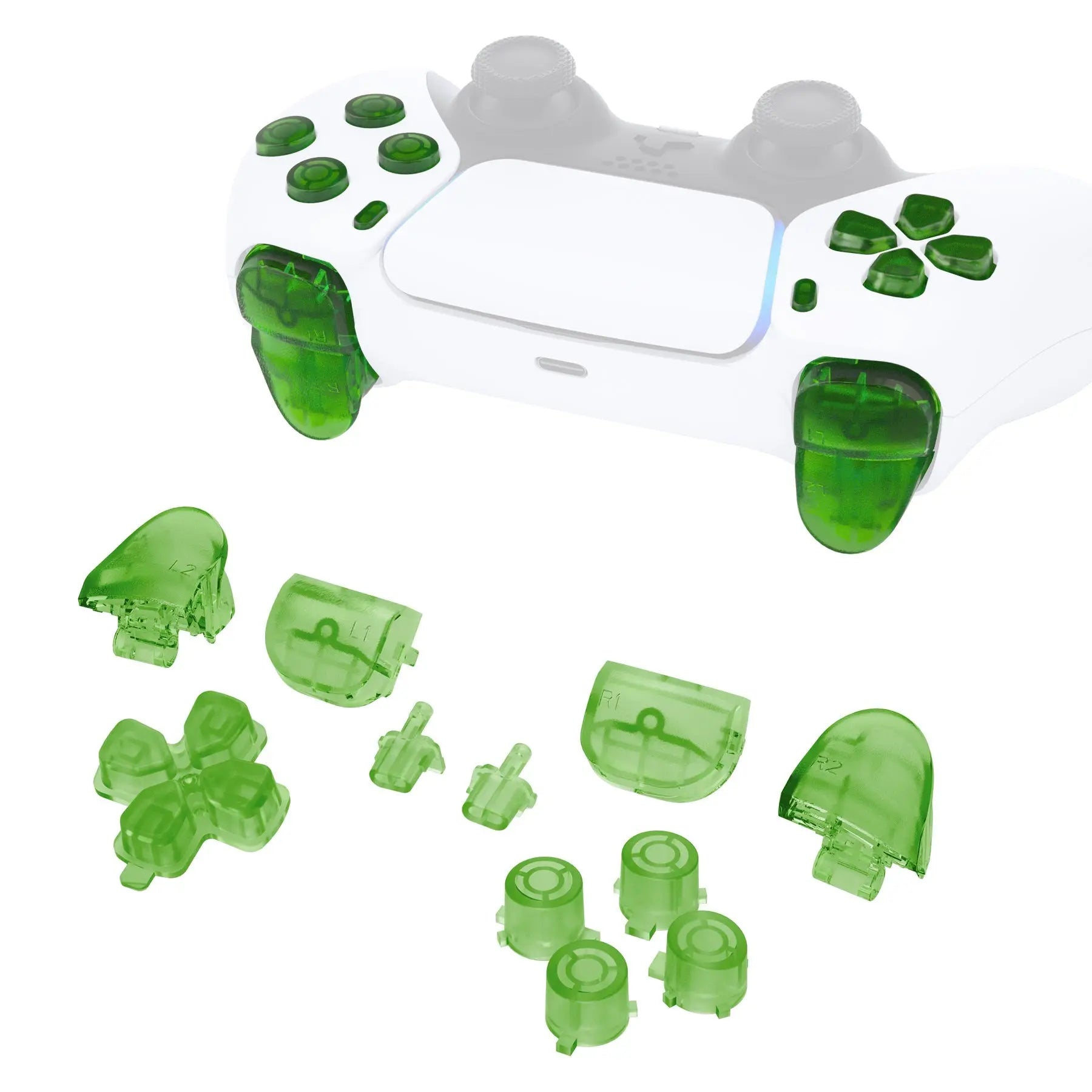 Replacement D-pad R1 L1 R2 L2 Triggers Share Options Face Buttons, Clear Green Full Set Buttons Compatible With ps5 Controller BDM-010 & BDM-020 - JPF3003G2 eXtremeRate