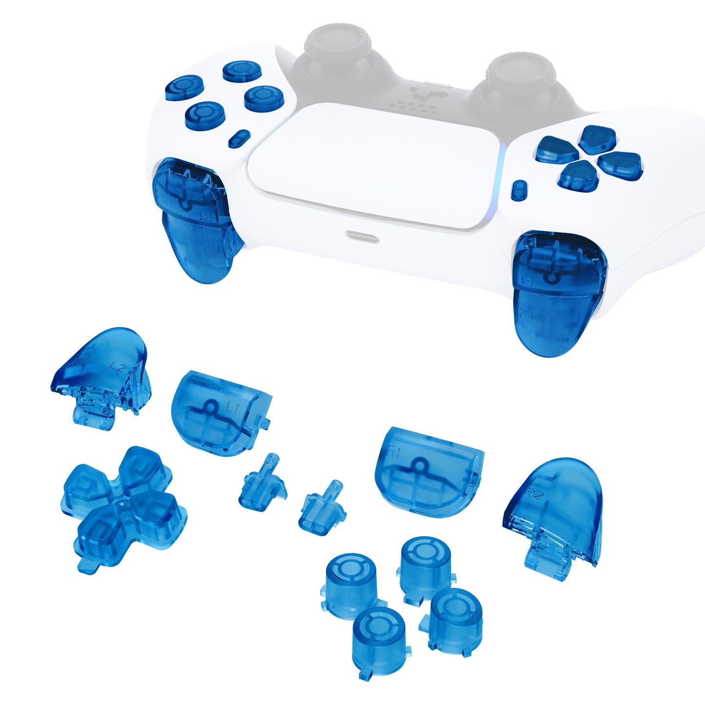 eXtremeRate Retail Replacement D-pad R1 L1 R2 L2 Triggers Share Options Face Buttons, Clear Blue Full Set Buttons Compatible With ps5 Controller BDM-010 & BDM-020 - JPF3004G2