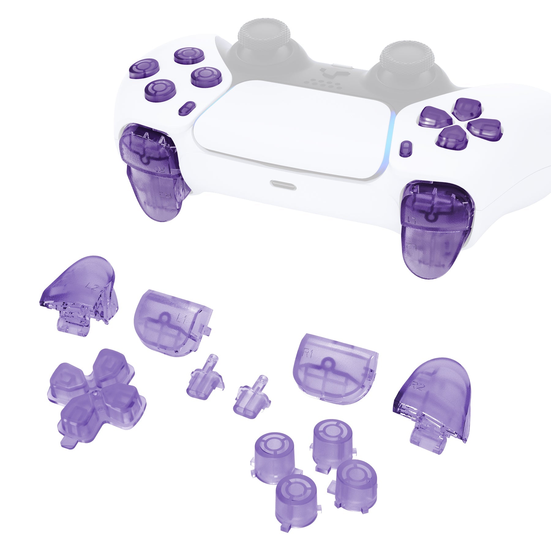eXtremeRate Retail Replacement D-pad R1 L1 R2 L2 Triggers Share Options Face Buttons, Clear Atomic Purple Full Set Buttons Compatible With ps5 Controller BDM-010 & BDM-020 - JPF3005G2