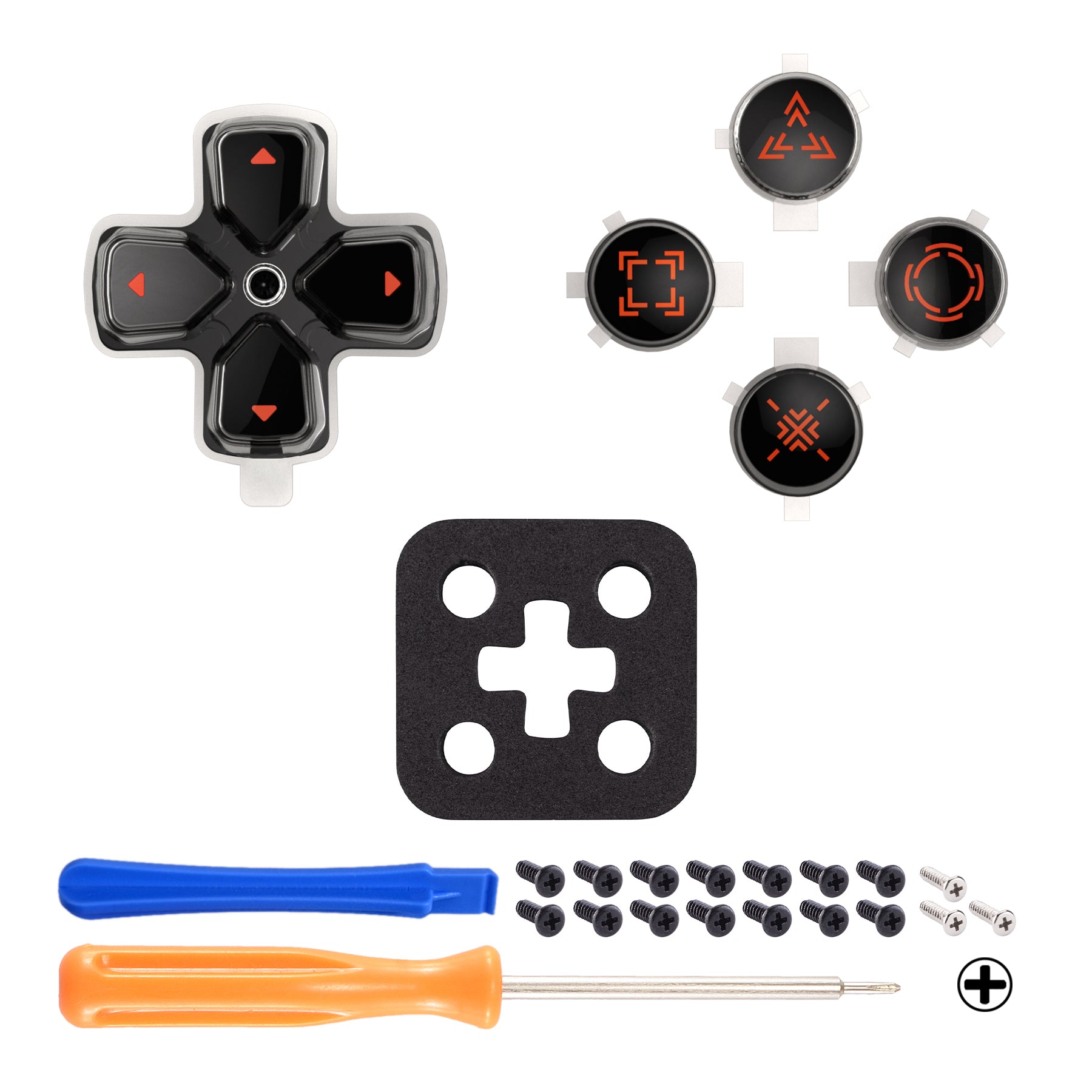 eXtremeRate Retail Replacement Custom Dpad Action Buttons Three-Tone Black & Clear With Black Orange Redesigned Symbols D-pad Face Buttons For ps5 Controller - JPFF003