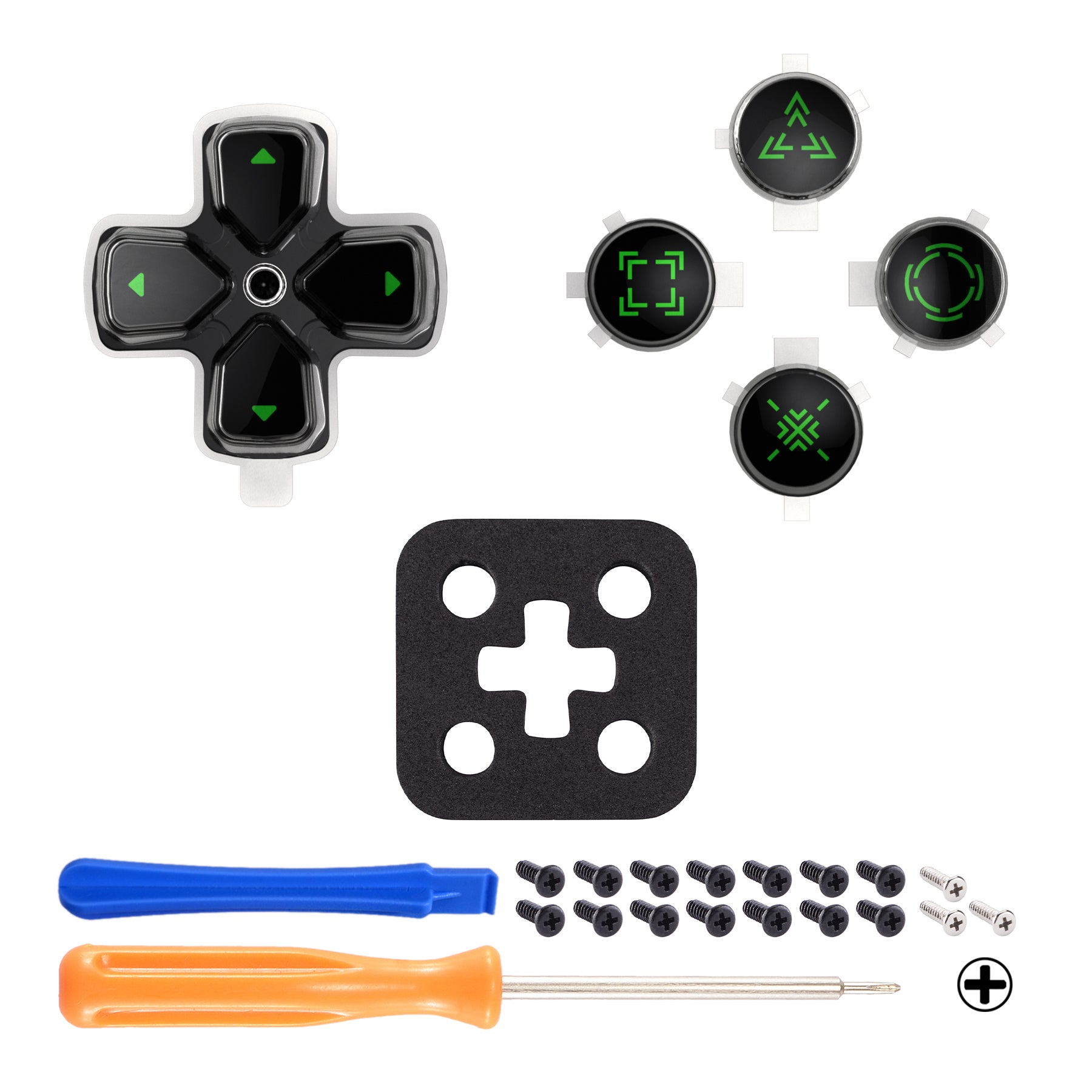 eXtremeRate Retail Replacement Custom Dpad Action Buttons Three-Tone Black & Clear With Black Green Redesigned Symbols D-pad Face Buttons For ps5 Controller - JPFF005