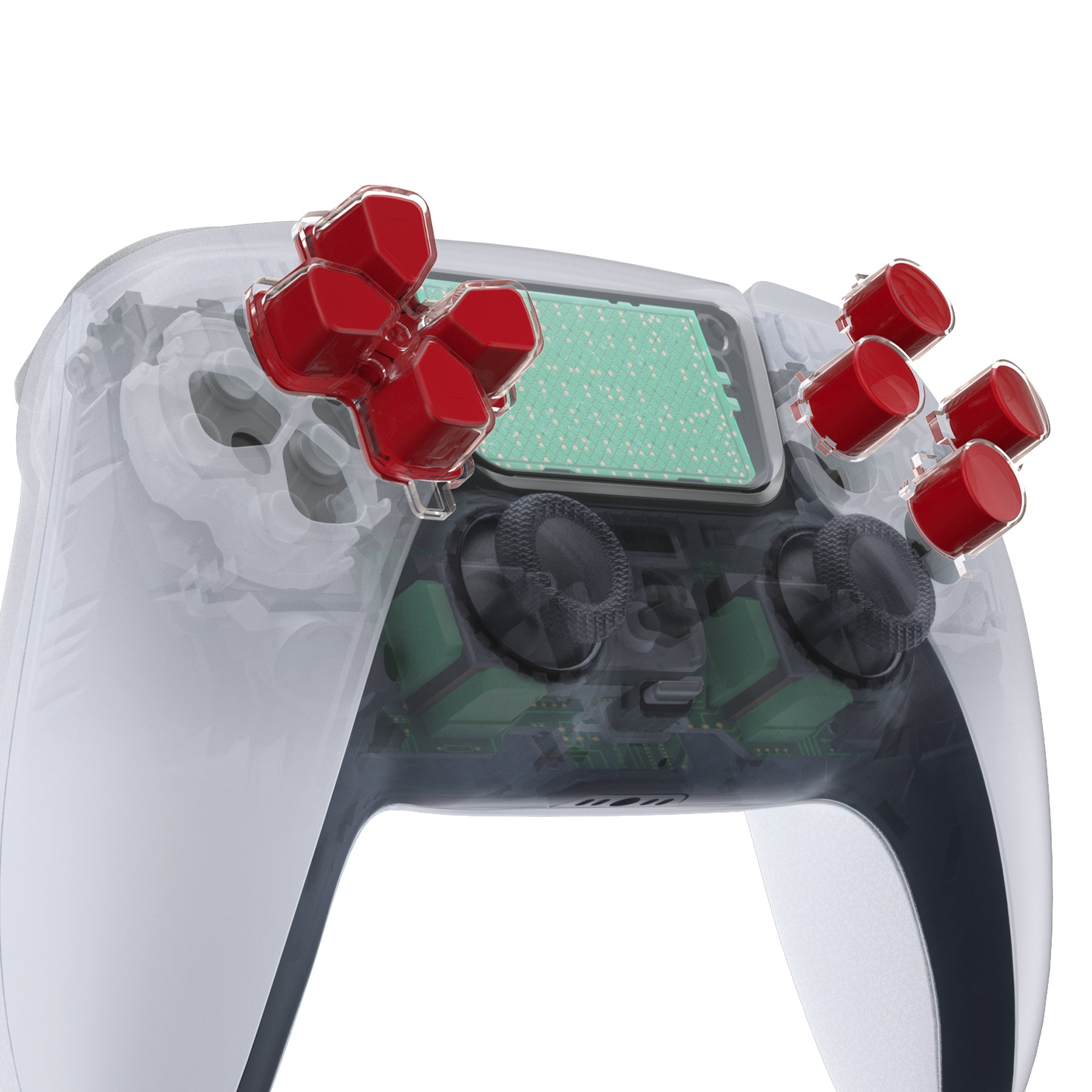 eXtremeRate Retail Two-Tone Carmine Red & Clear Custom Dpad Action Buttons Replacement No Letter Imprint D-pad Face Buttons Compatible with ps5 Controller - JPFG004