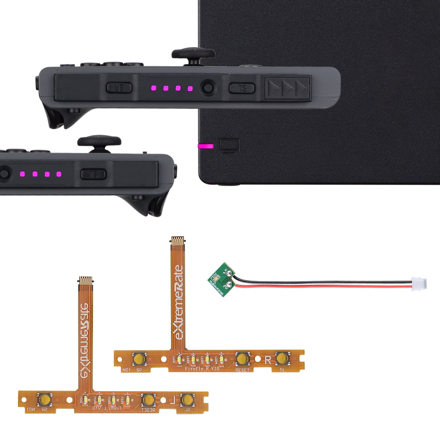 eXtremeRate Retail Pink Firefly LED Tuning Kit for NS Switch Joycons Dock NS Joycon SL SR Buttons Ribbon Flex Cable Indicate Power LED-Joycons Dock NOT Included - NSLED006