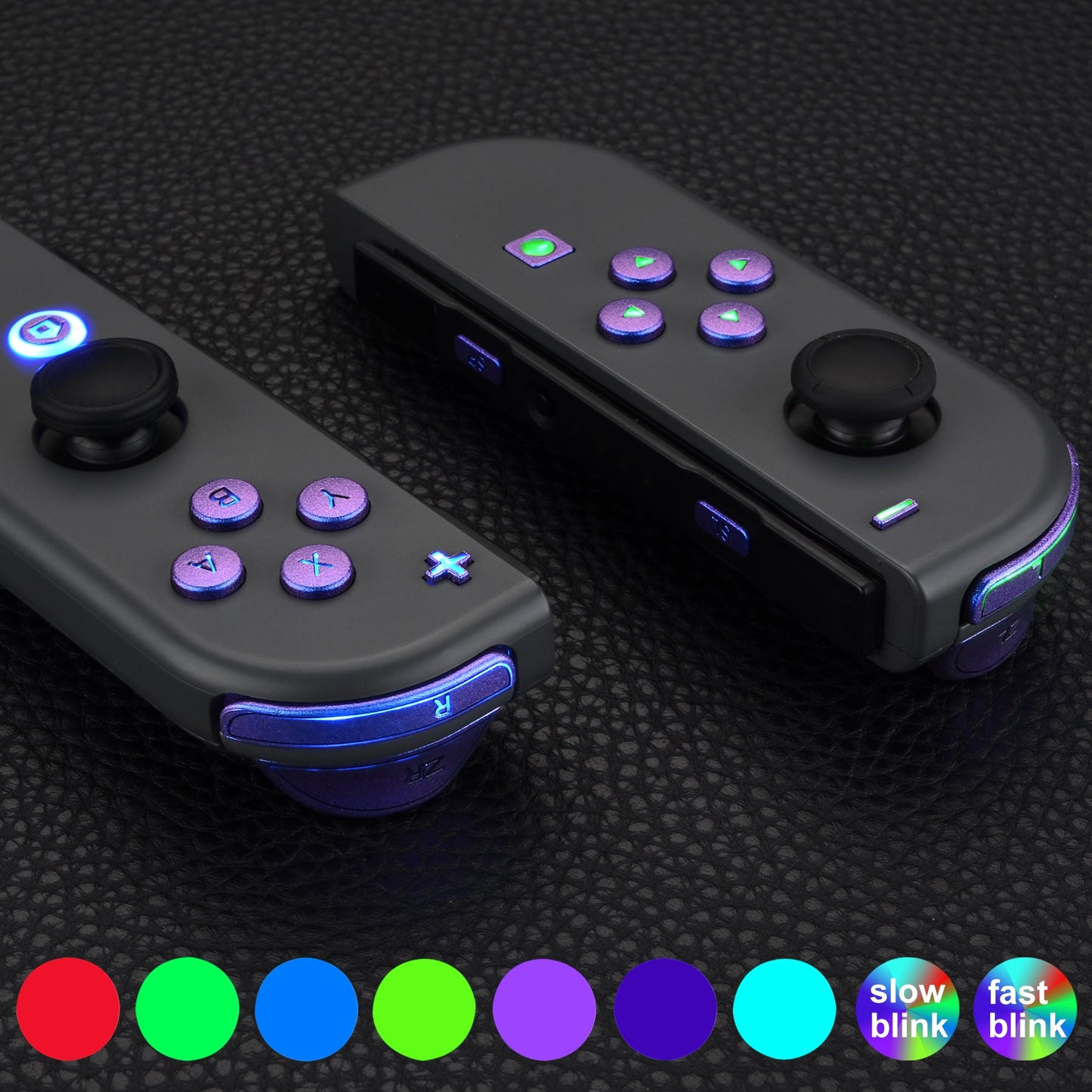 eXtremeRate Retail 7 Colors 9 Modes NS Joycon DFS LED Kit for NS Switch, Multi-Colors Luminated ABXY Trigger Chameleon Purple Blue Classical Symbols Face Buttons for NS Switch & Switch OLED Model JoyCon - JoyCon NOT Included - NSLED014G2
