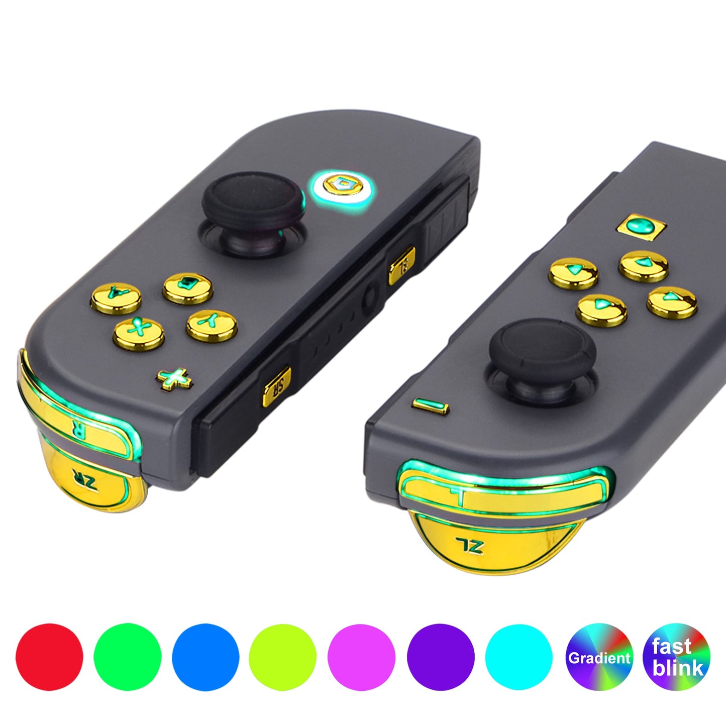 eXtremeRate Retail 7 Colors 9 Modes NS Joycon DFS LED Kit, Multi-Colors Luminated Chrome Gold Classical Symbols ABXY Trigger Face Button for NS Switch JoyCon Controller - Joycon NOT Included - NSLED016G2