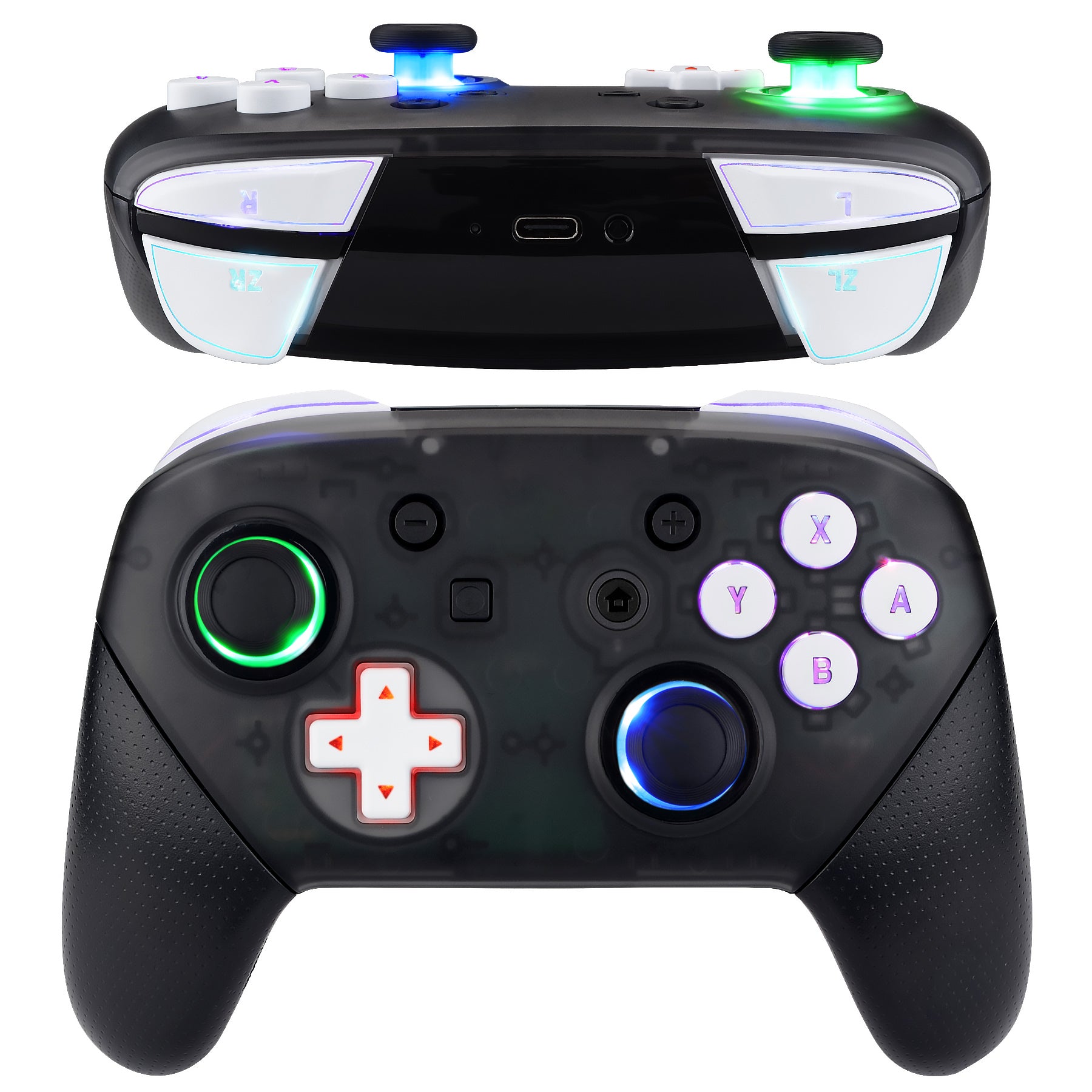 eXtremeRate Retail Multi-Colors Luminated Thumbsticks D-pad ABXY ZR ZL L R White Classic Symbol Buttons DTFS LED Kit for NS Switch Pro Controller - 9 Colors Modes 6 Areas DIY Option Button Control - NSLED017