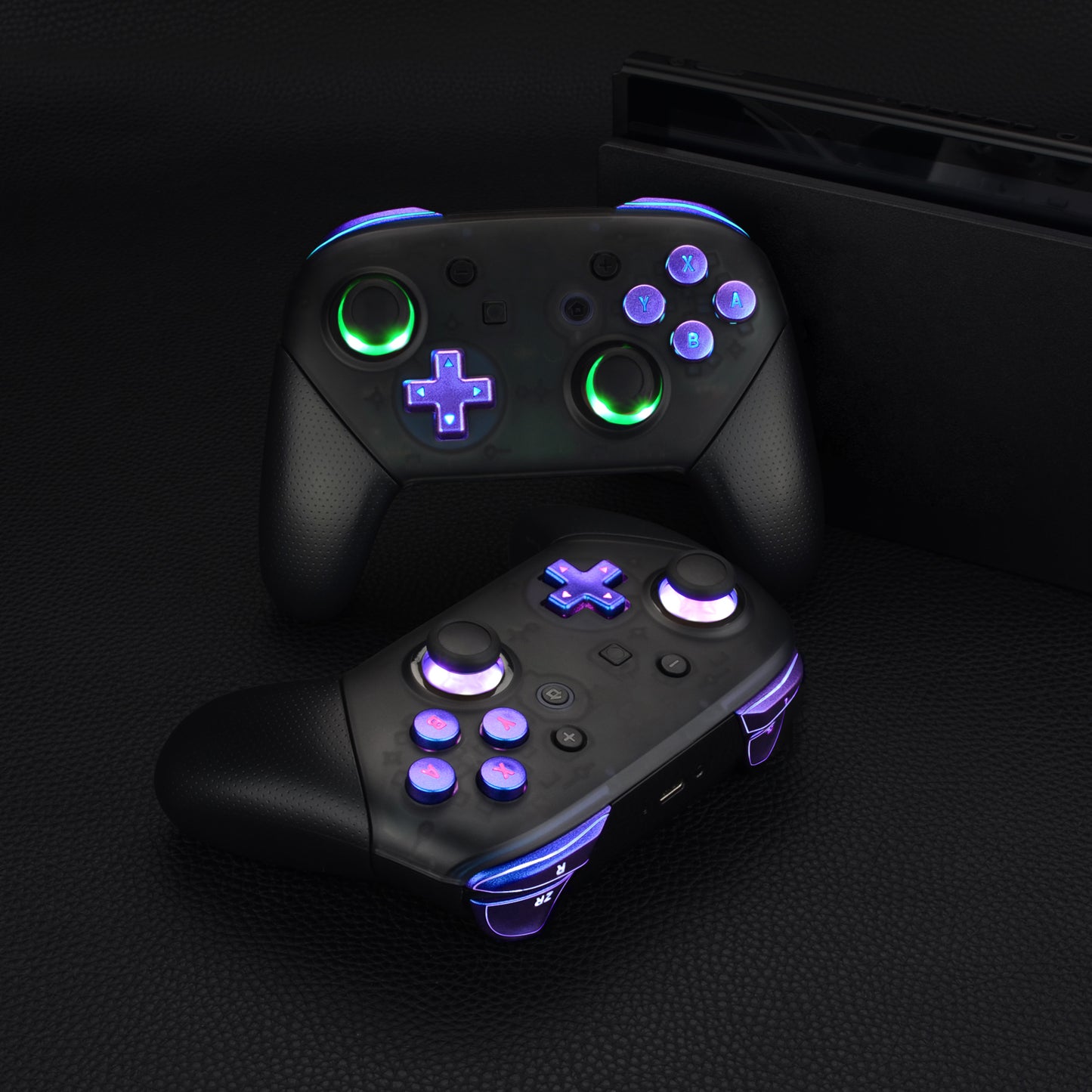 eXtremeRate Retail Multi-Colors Luminated Thumbsticks D-pad ABXY ZR ZL L R Chameleon Purple Blue Classic Symbol Buttons DTFS LED Kit for NS Switch Pro Controller - 9 Colors Modes 6 Areas DIY Option Button Control - NSLED020