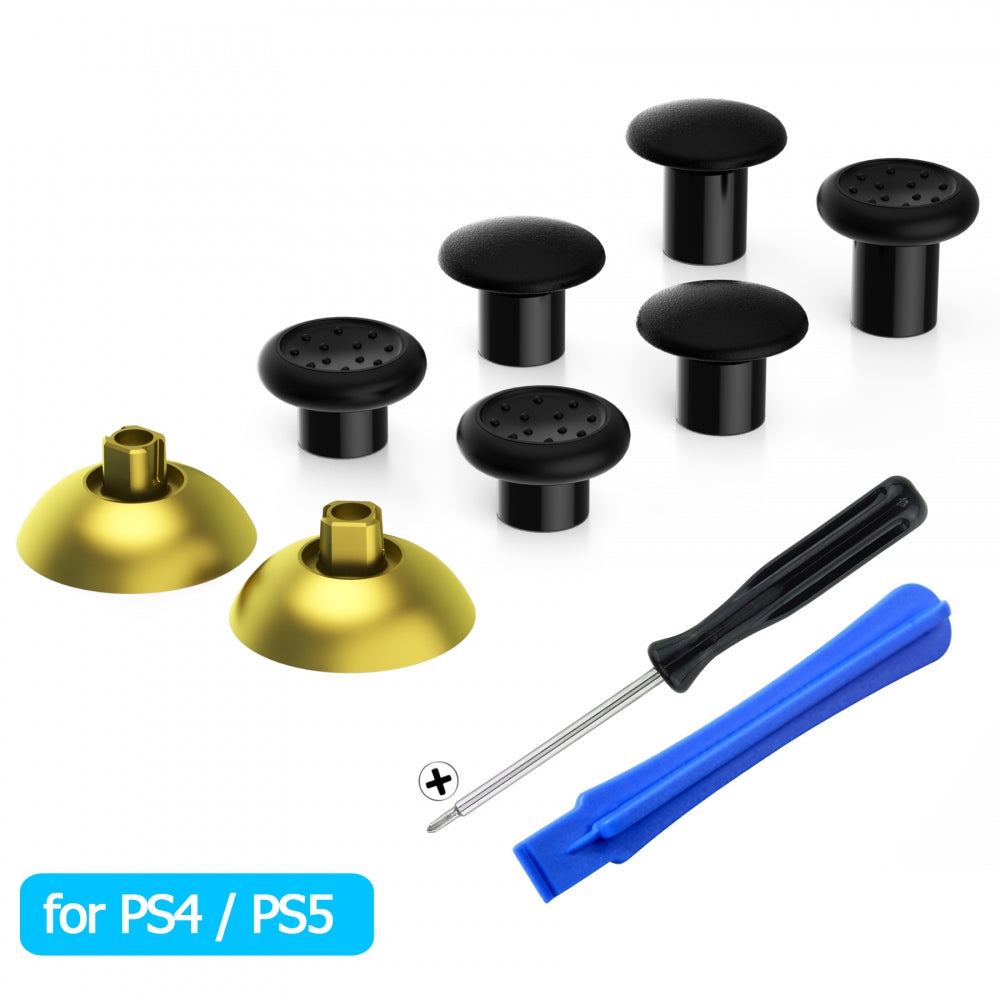 eXtremeRate Retail ThumbsGear Interchangeable Ergonomic Thumbstick for ps4 Slim ps4 Pro ps5 Controller with 3 Height Domed and Concave Grips Adjustable Joystick - Chrome Gold & Black - P4J1104