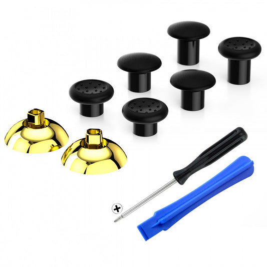 eXtremeRate Retail ThumbsGear Interchangeable Ergonomic Thumbstick for ps4 Slim ps4 Pro Controller with 3 Height Domed and Concave Grips Adjustable Joystick -  Chrome Glossy Gold & Black - P4J1108